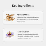 JSHealth ingredientes clave ashwagandha y pasiflora resaltados junto a cápsulas