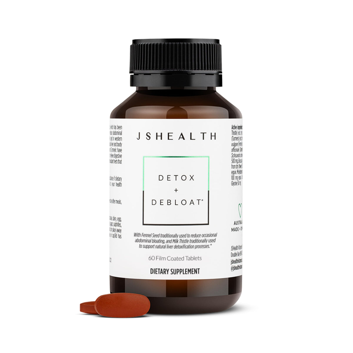 JSHealth envase frontal mostrando Detox + Debloat para alivio de hinchazón