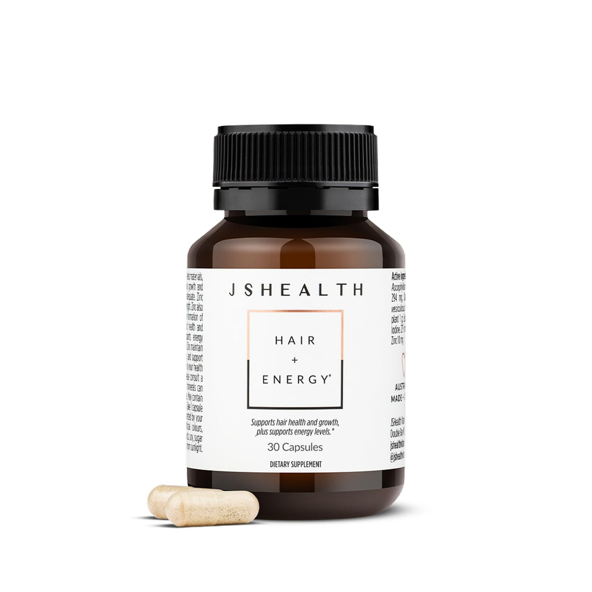 JSHealth envase frontal con cápsulas, beneficio claridad de información