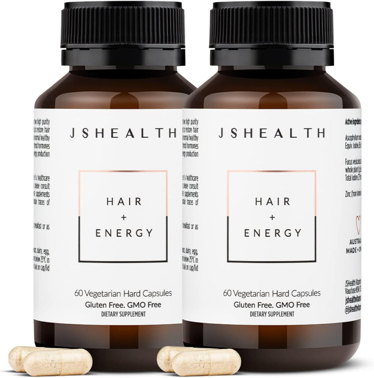 JSHealth frasco delantero Hair + Energy muestra confiabilidad