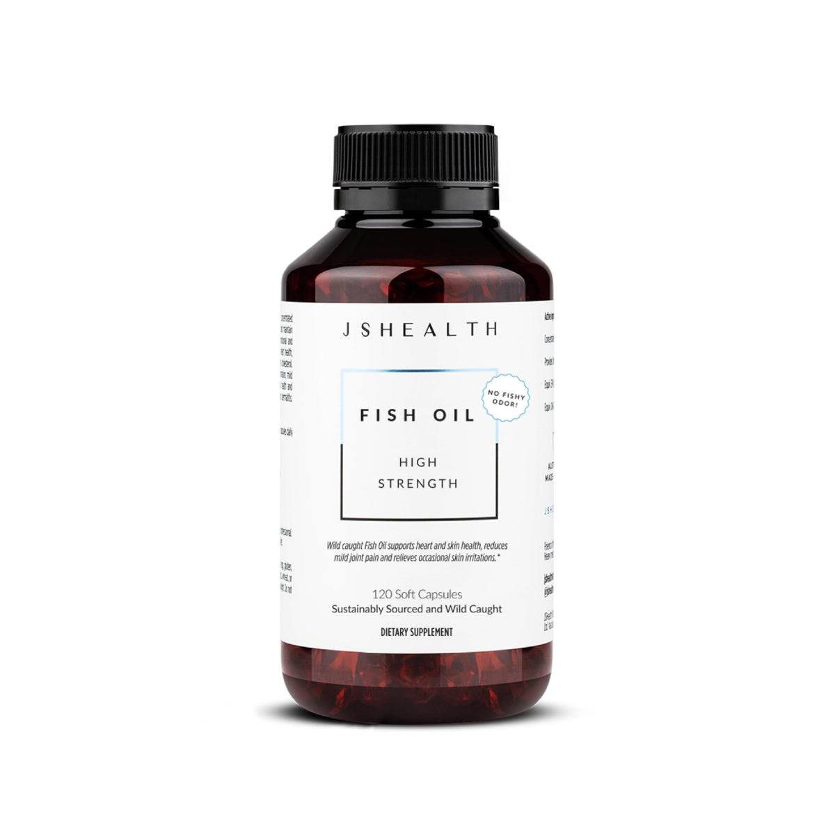 JSHealth frasco frontal mostrando 120 cápsulas y beneficios omega‑3