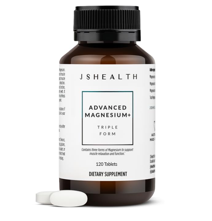 JSHealth envase frontal del suplemento de magnesio, botella de 120 tabletas, claro beneficio de conveniencia