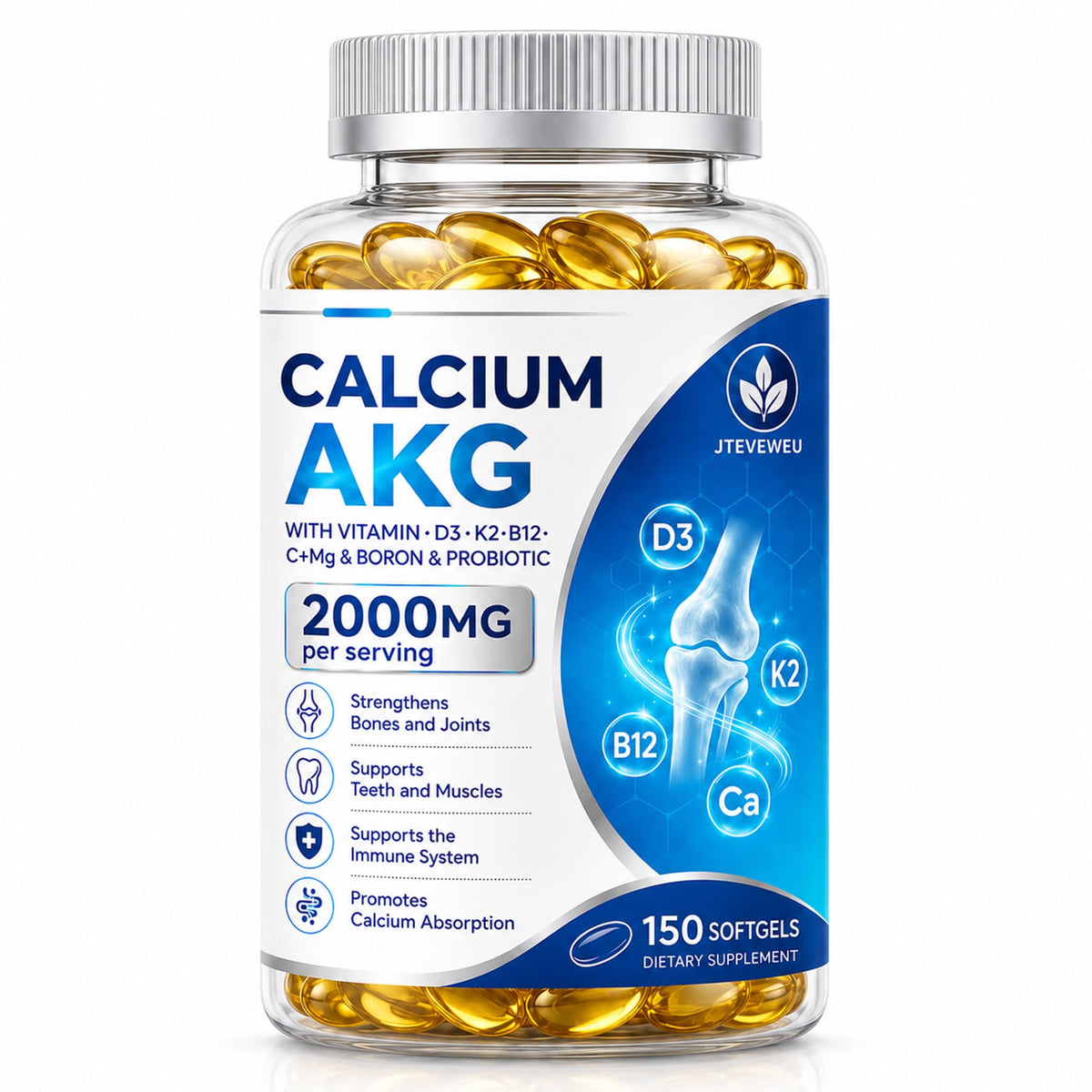 JTEVEweu envase frontal que muestra fórmula de calcio AKG y beneficios claros