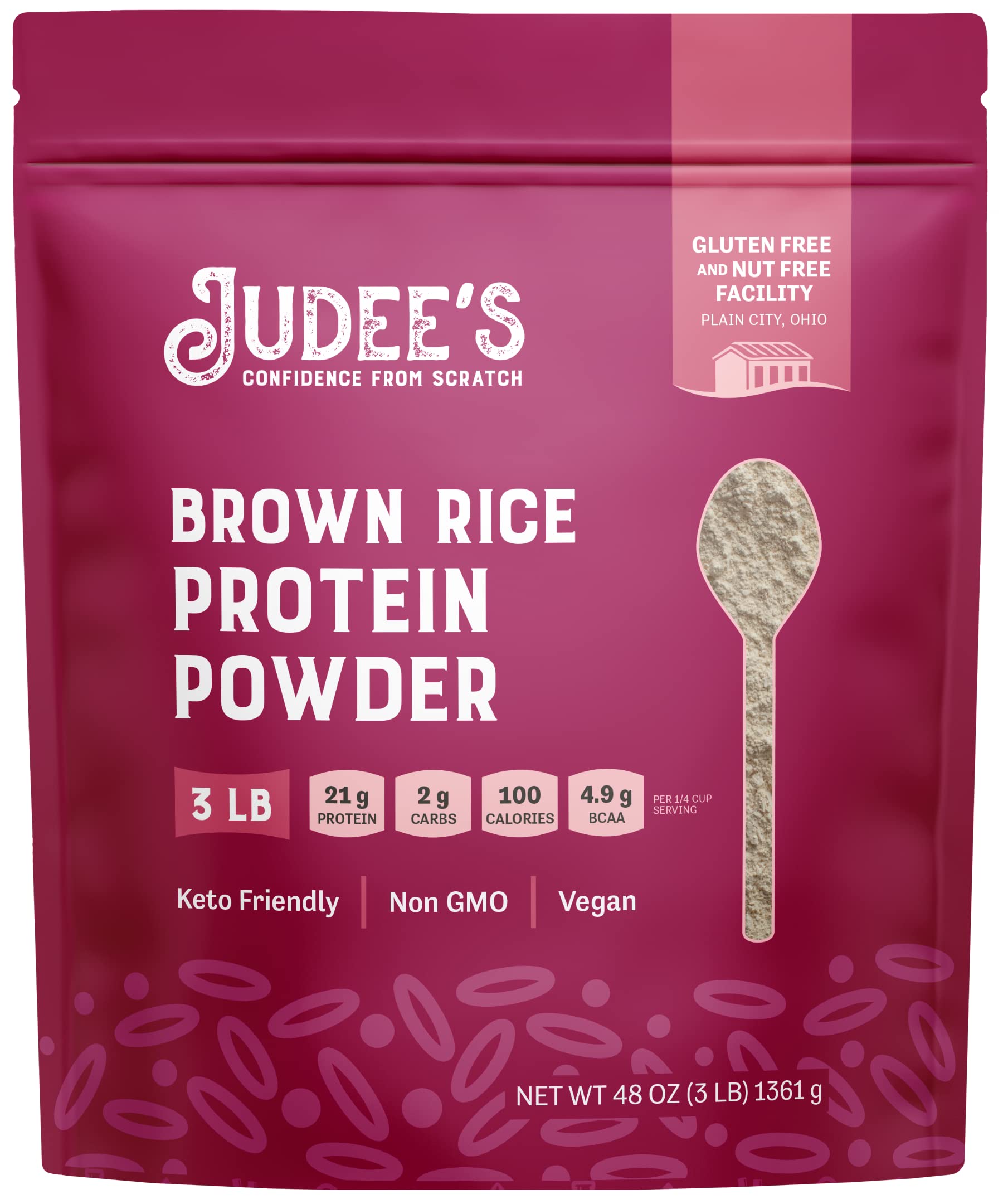 Judee's envase frontal mostrando proteína de arroz, conveniencia y pureza