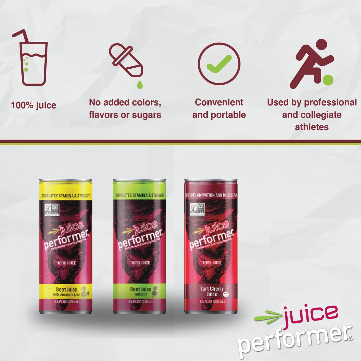 Juice Performer lata en mano para mostrar tamaño y facilidad de transporte