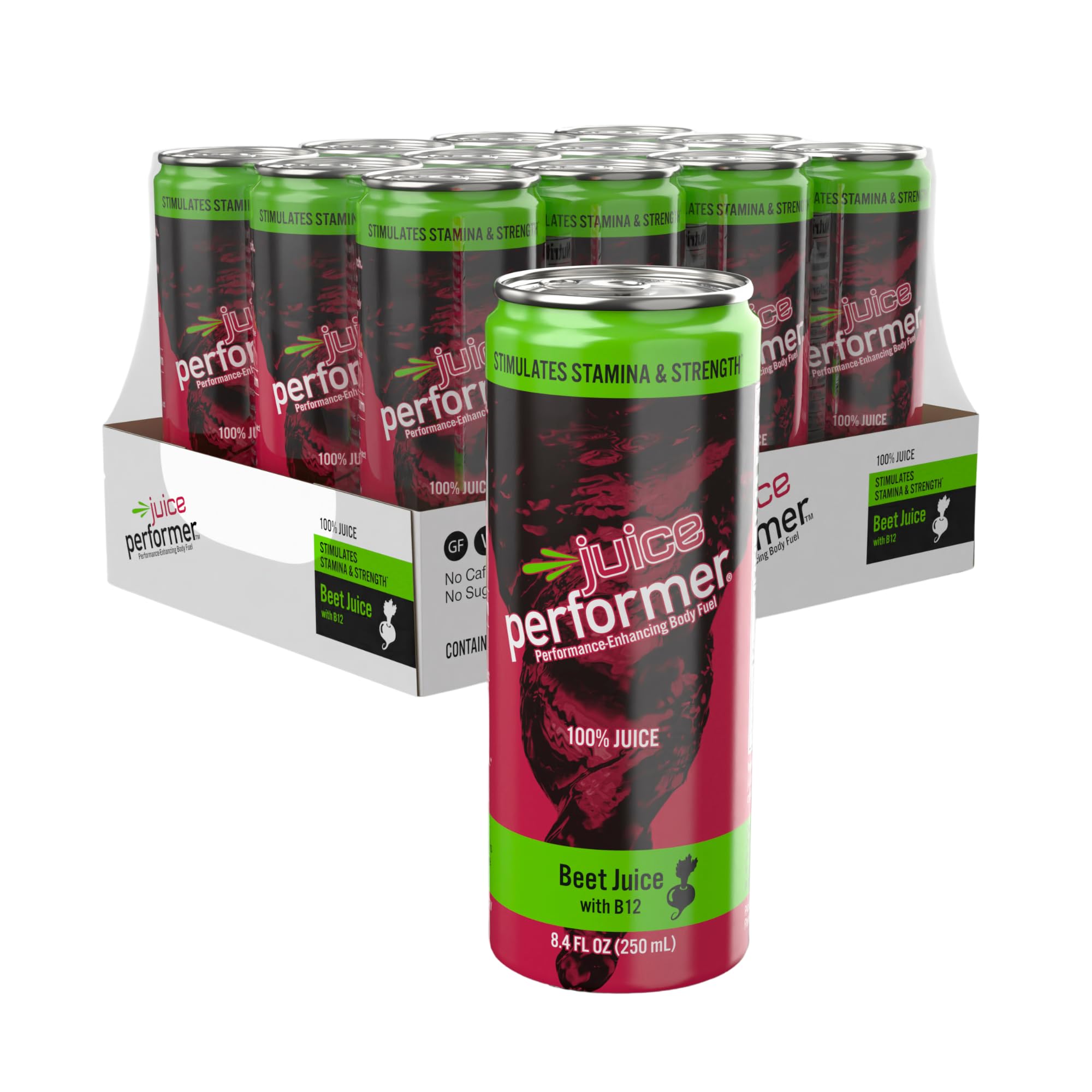 Juice Performer lata frontal mostrando diseño y tamaño práctico para entrenar
