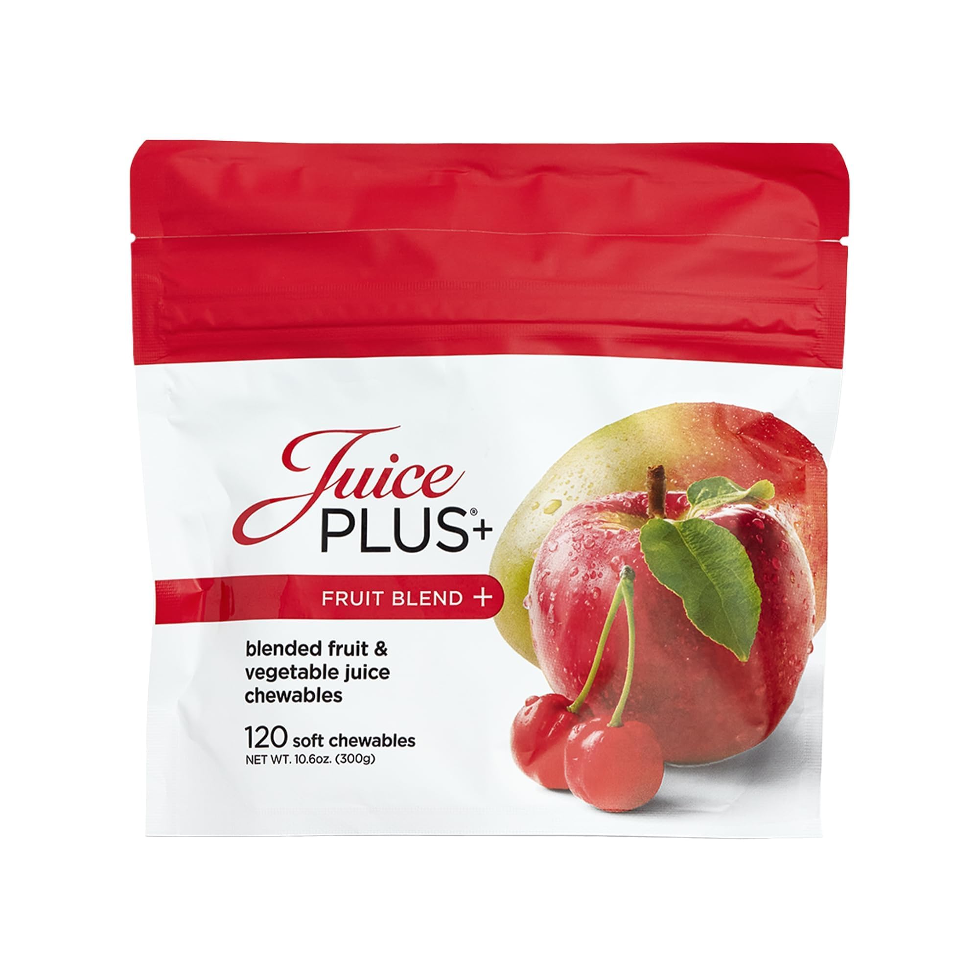 Juice Plus+ envase frontal mostrando 120 gominolas y datos principales