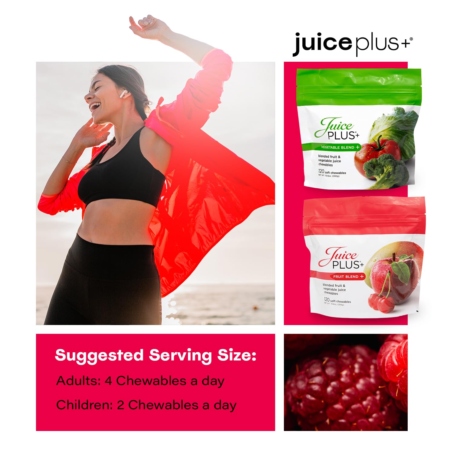 Juice Plus+ comparación de tamaño con mano y moneda, control de porciones