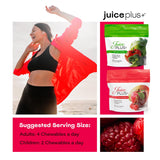 Juice Plus+ comparación de tamaño con mano y moneda, control de porciones