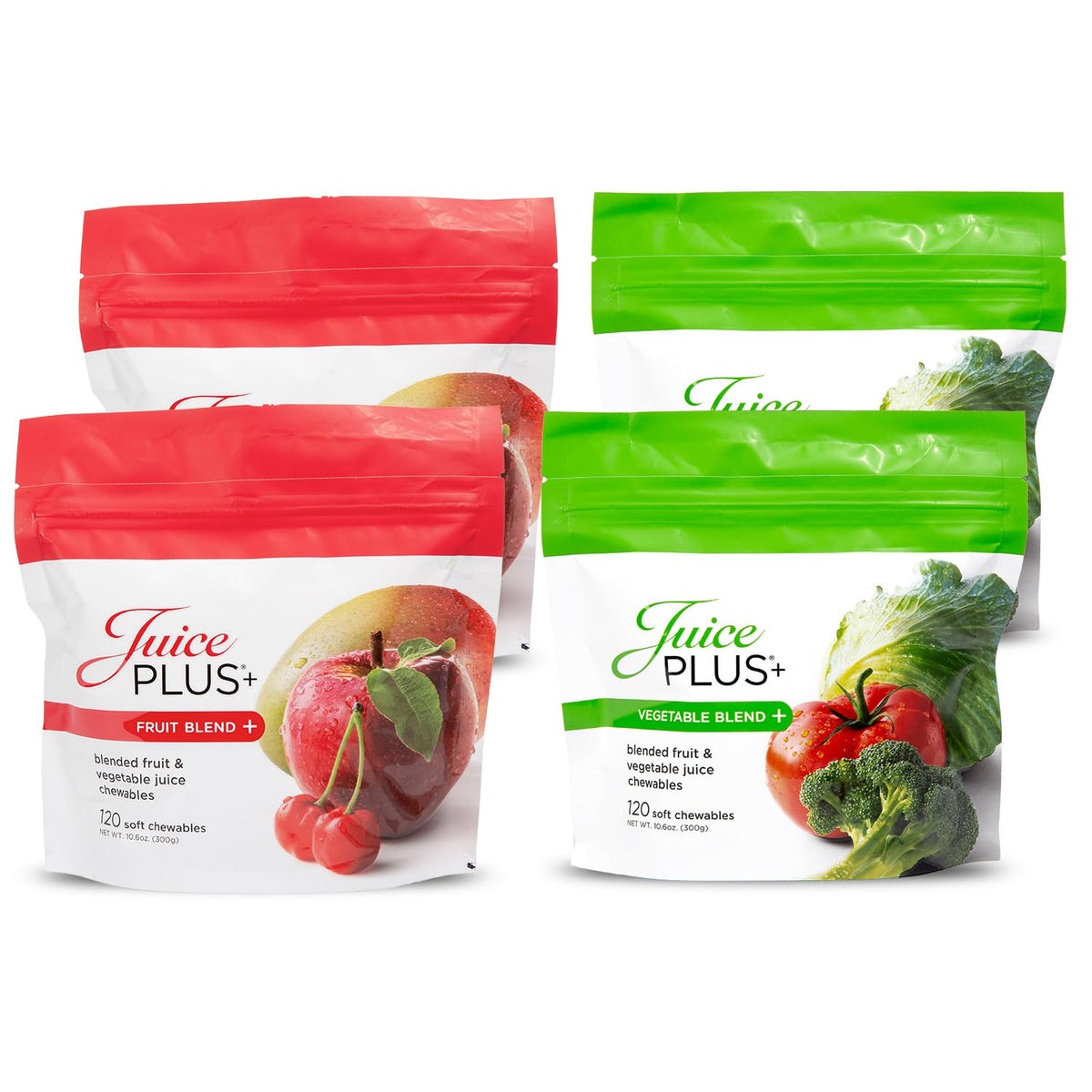 Juice Plus+ frente del empaque mostrando los cuatro packs y beneficios prácticos