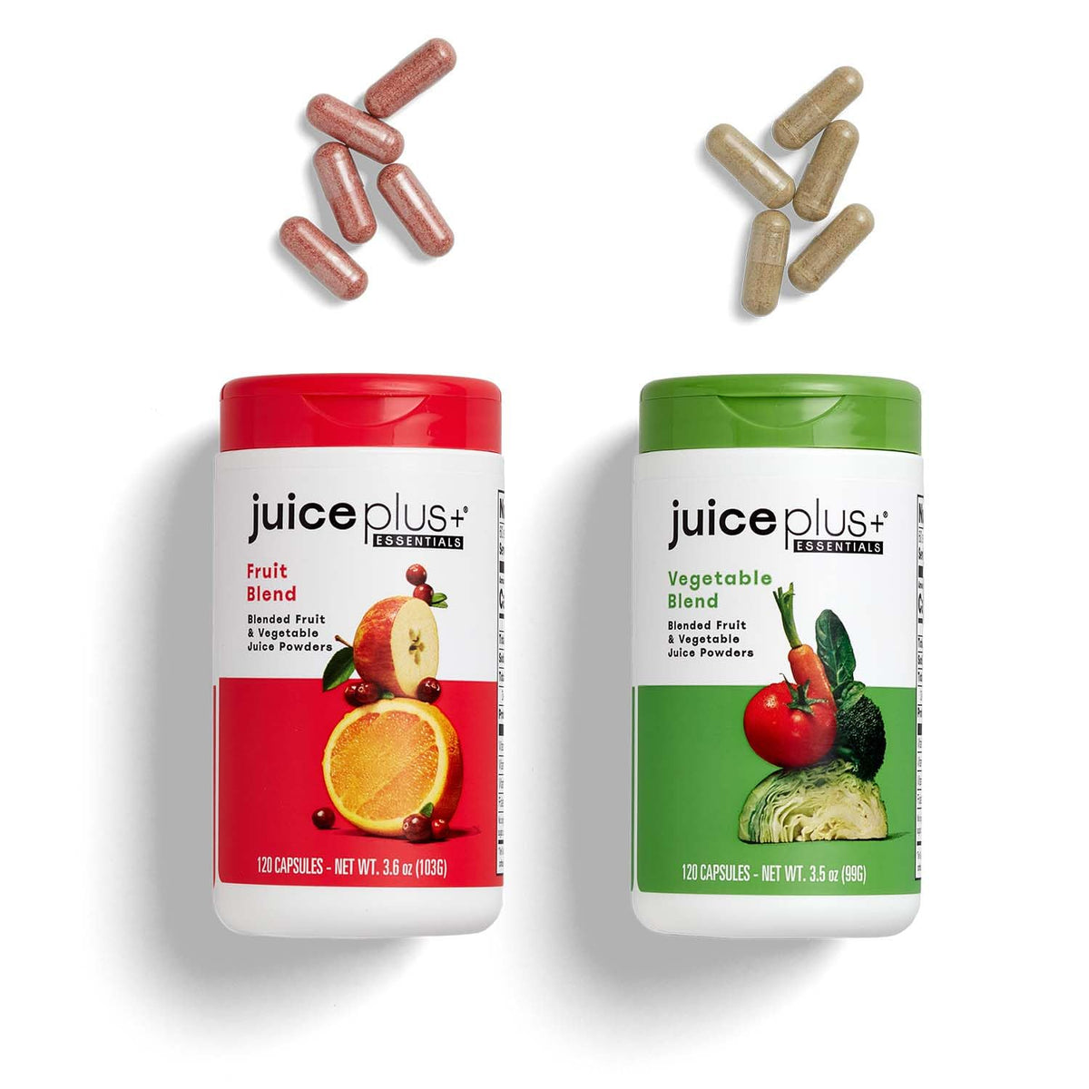Juice Plus+ empaque frontal mostrando dos botellas y beneficios