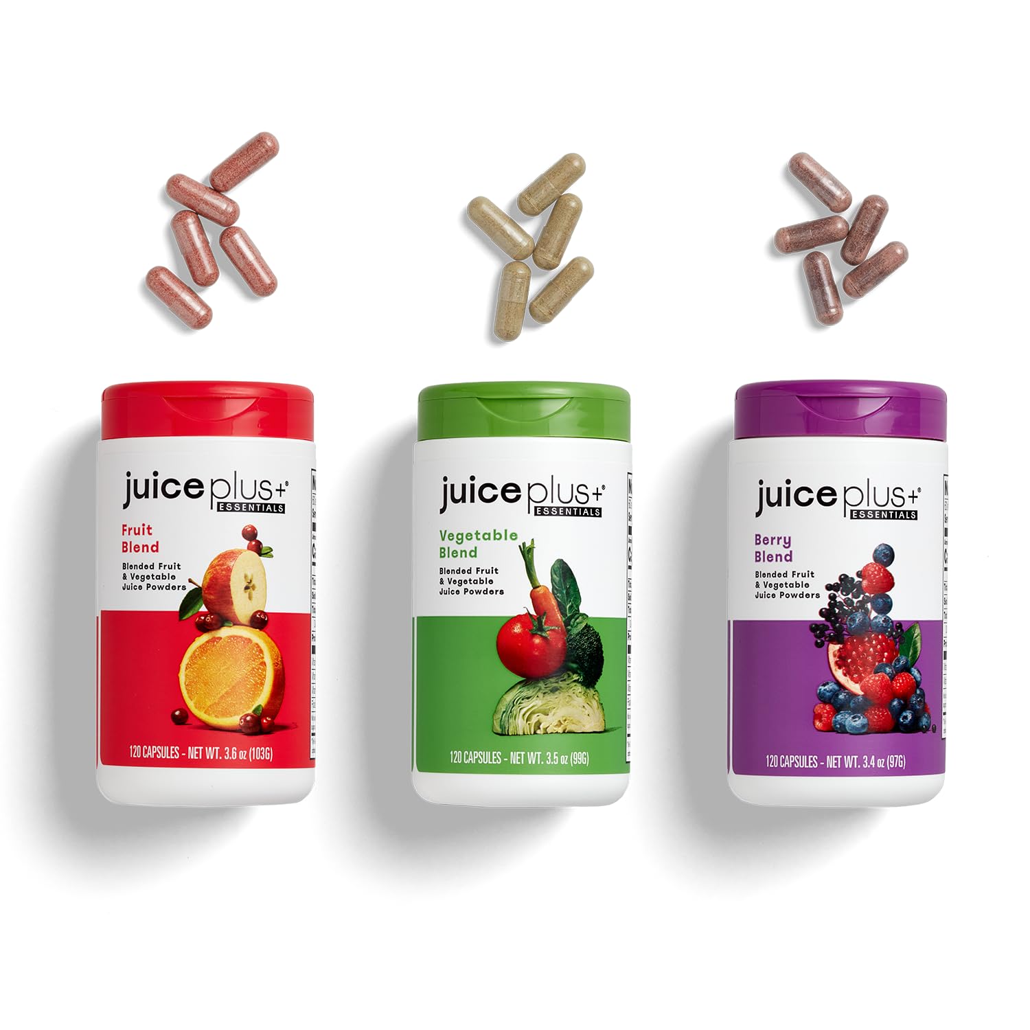 Juice Plus+ frente del empaque mostrando tres frascos y ventaja de porciones