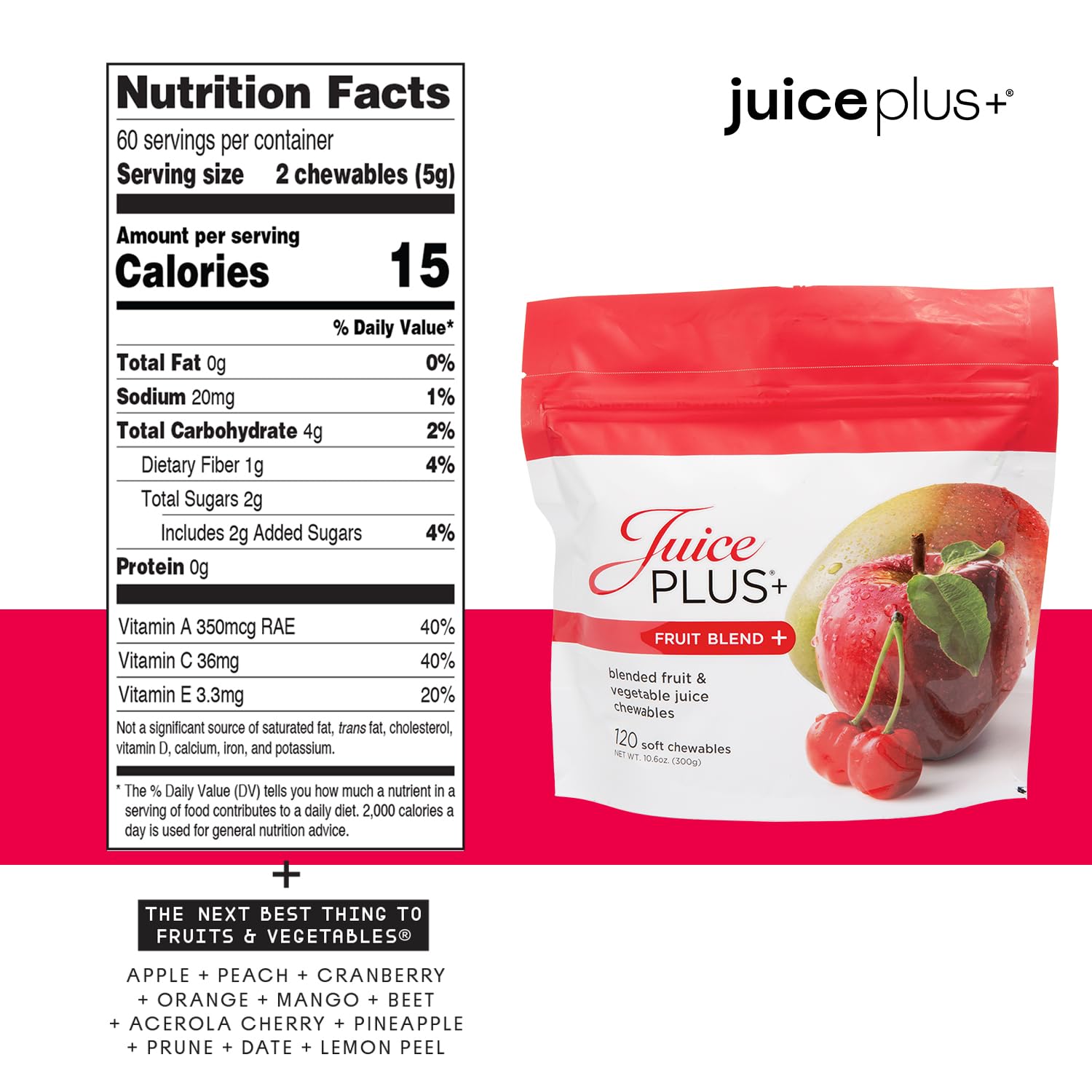 Juice Plus+ textura de la gominola en primer plano, aspecto masticable y apetecible