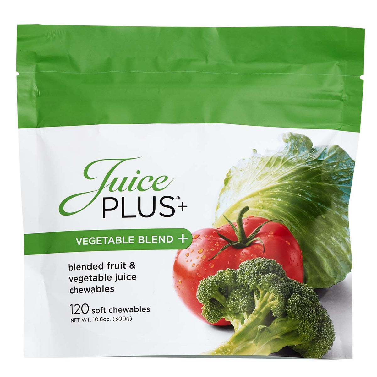 Envase Juice Plus+ Vegetable Blend frente, aporta conveniencia diaria