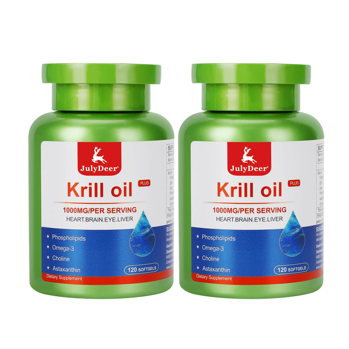 JulyDeer envase frontal mostrando 240 cápsulas y beneficio de omega-3
