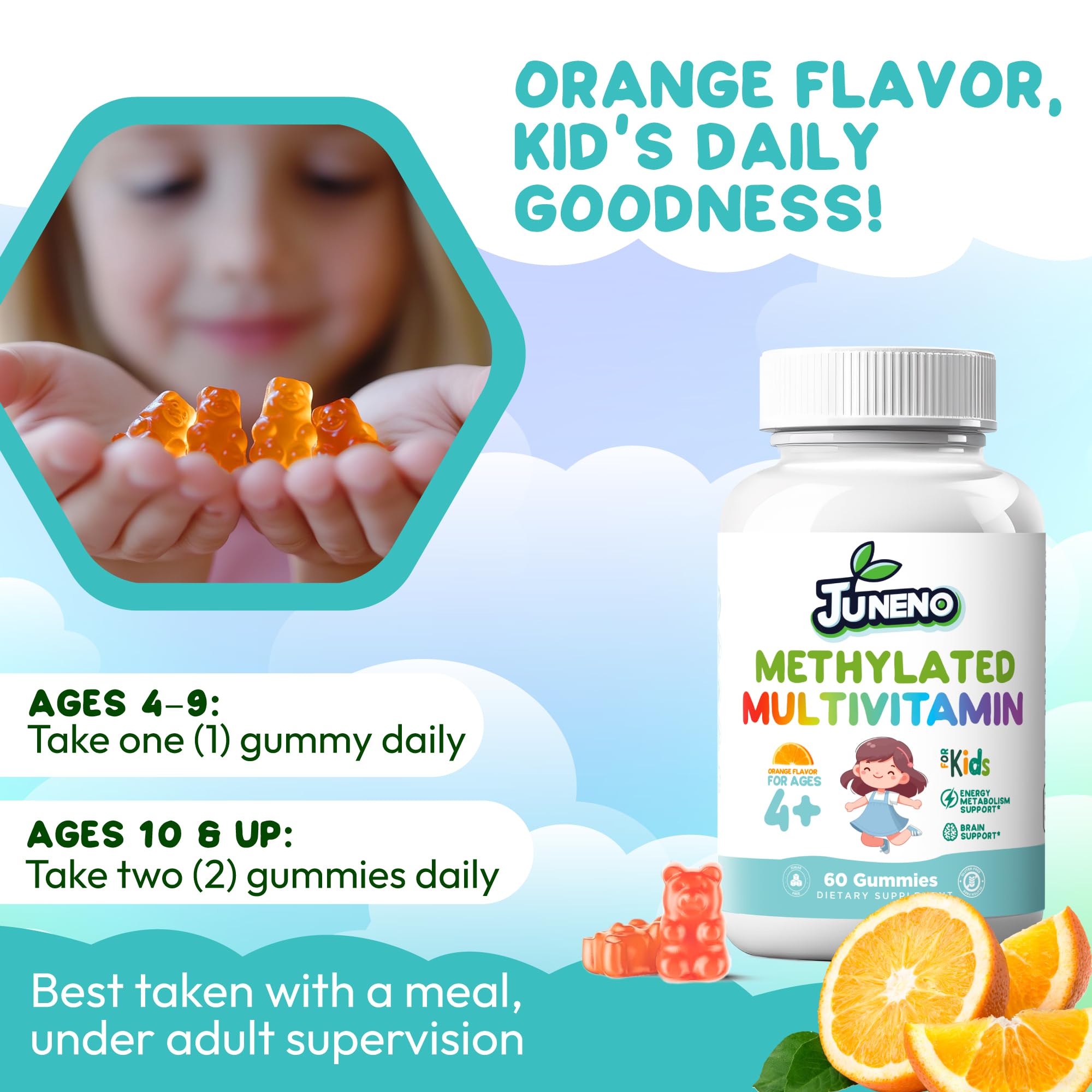 Juneno gomitas en plato con naranja natural mostrando sabor y sin azúcar