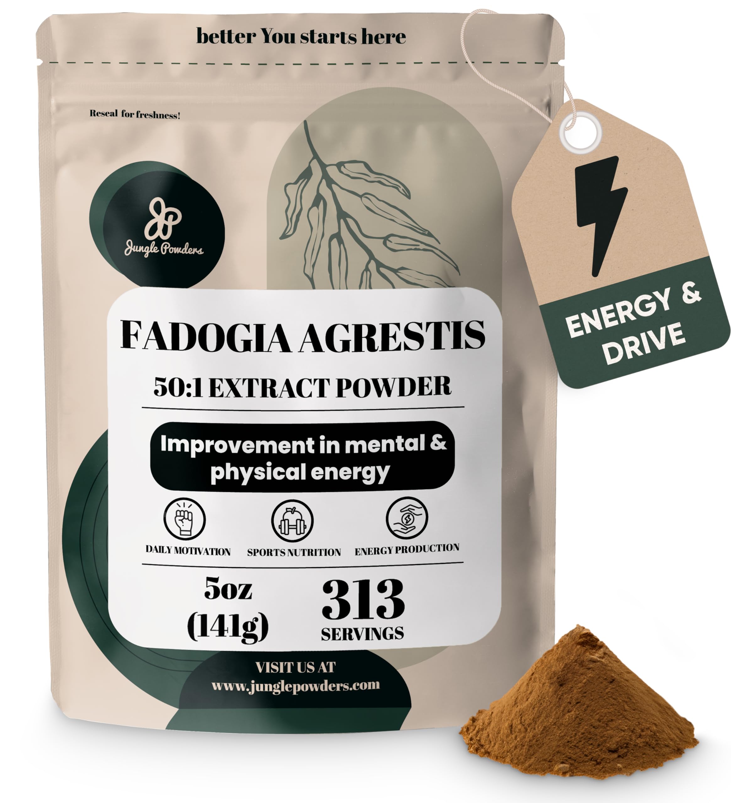 Jungle Powders envase frontal mostrando concentración 50:1 y tamaño de 5 oz, confianza