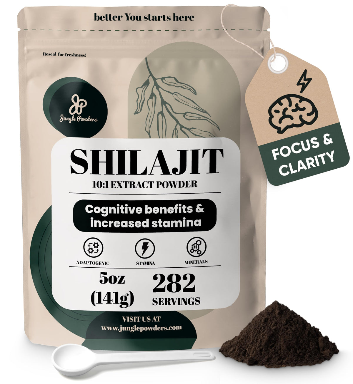 Jungle Powders empaque frontal de shilajit 5 oz, presentación clara y concentrada