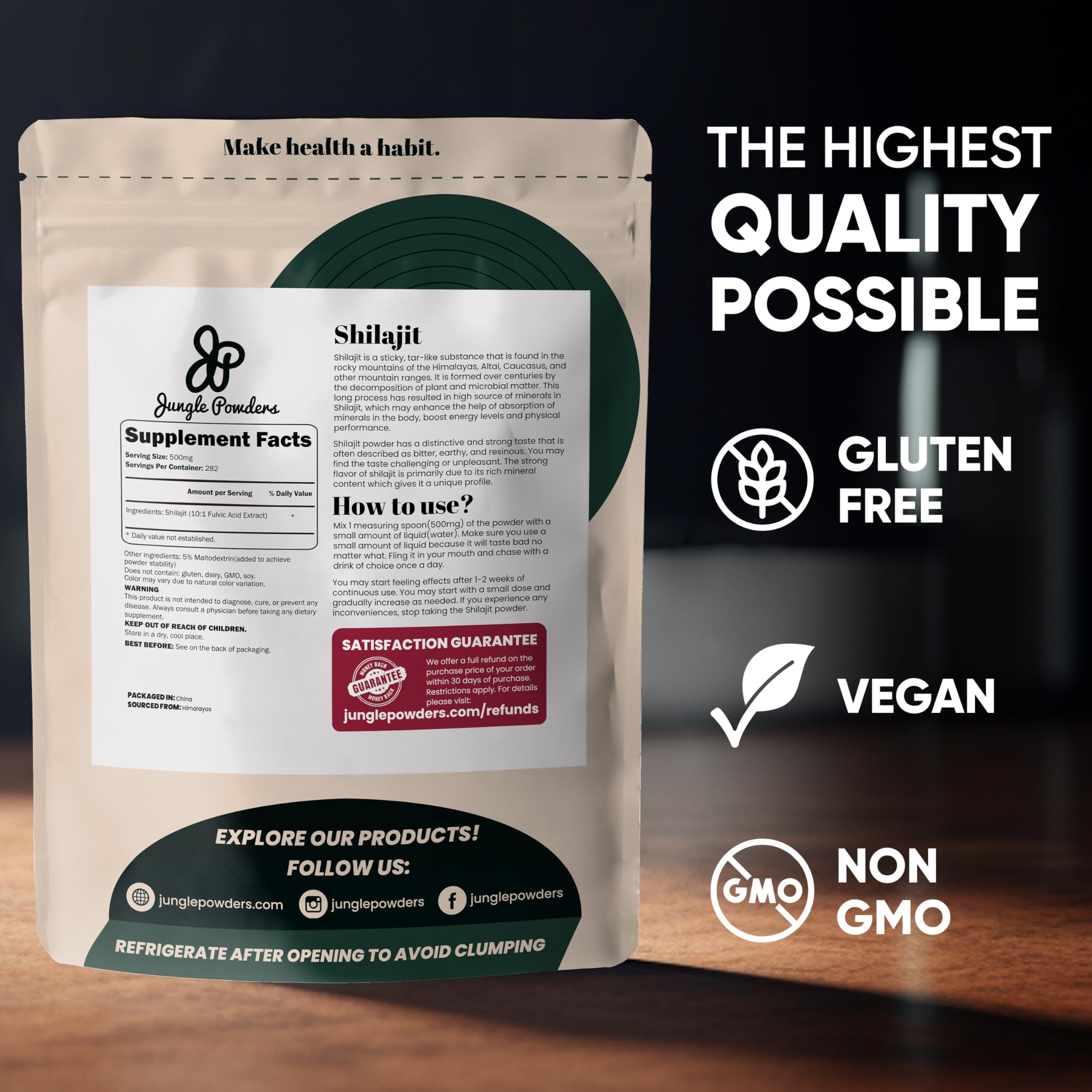 Jungle Powders etiqueta de ingredientes mostrando extracto 10:1 y maltodextrina