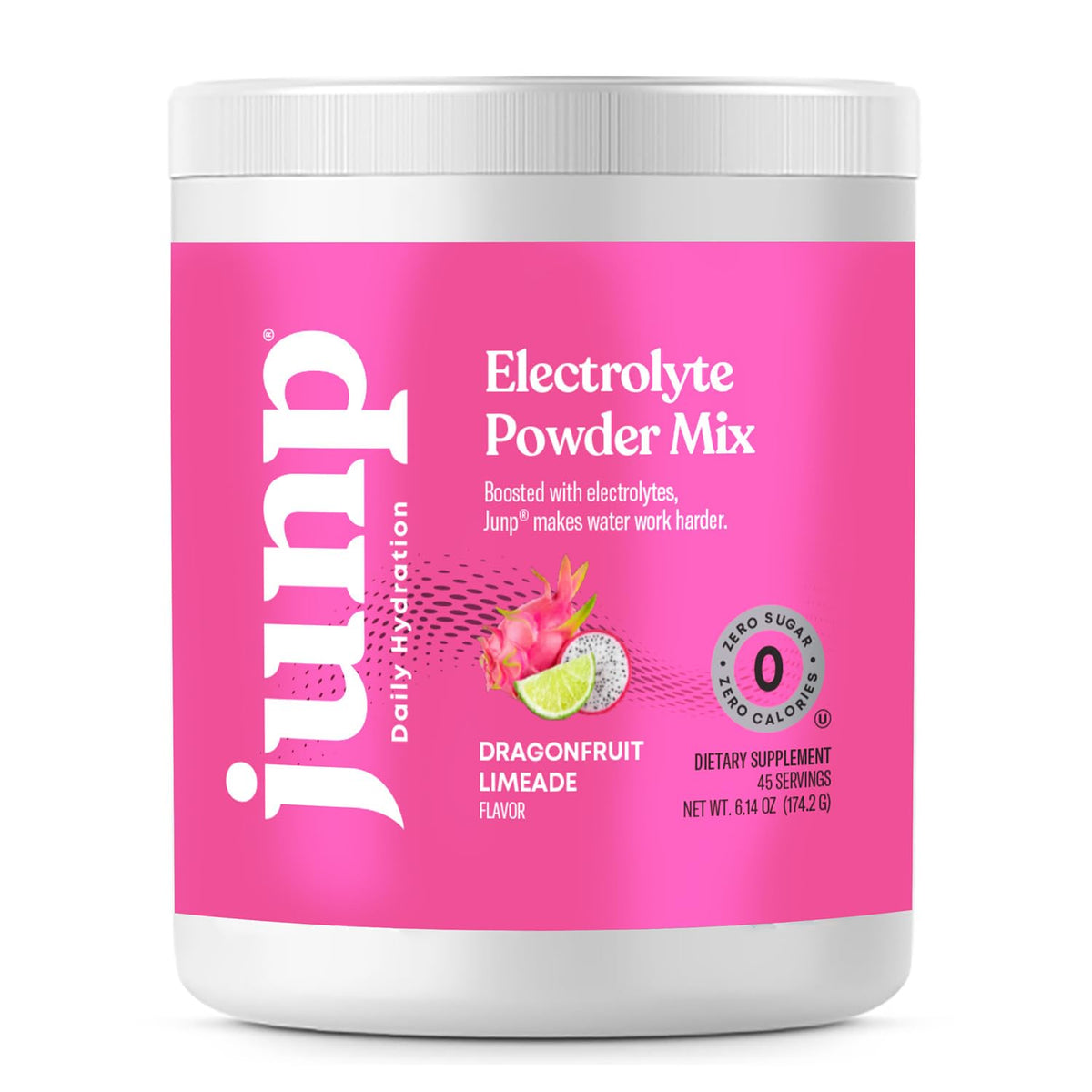 JUNP frente del empaque mostrando sabor dragonfruit limeade y beneficio hidratación