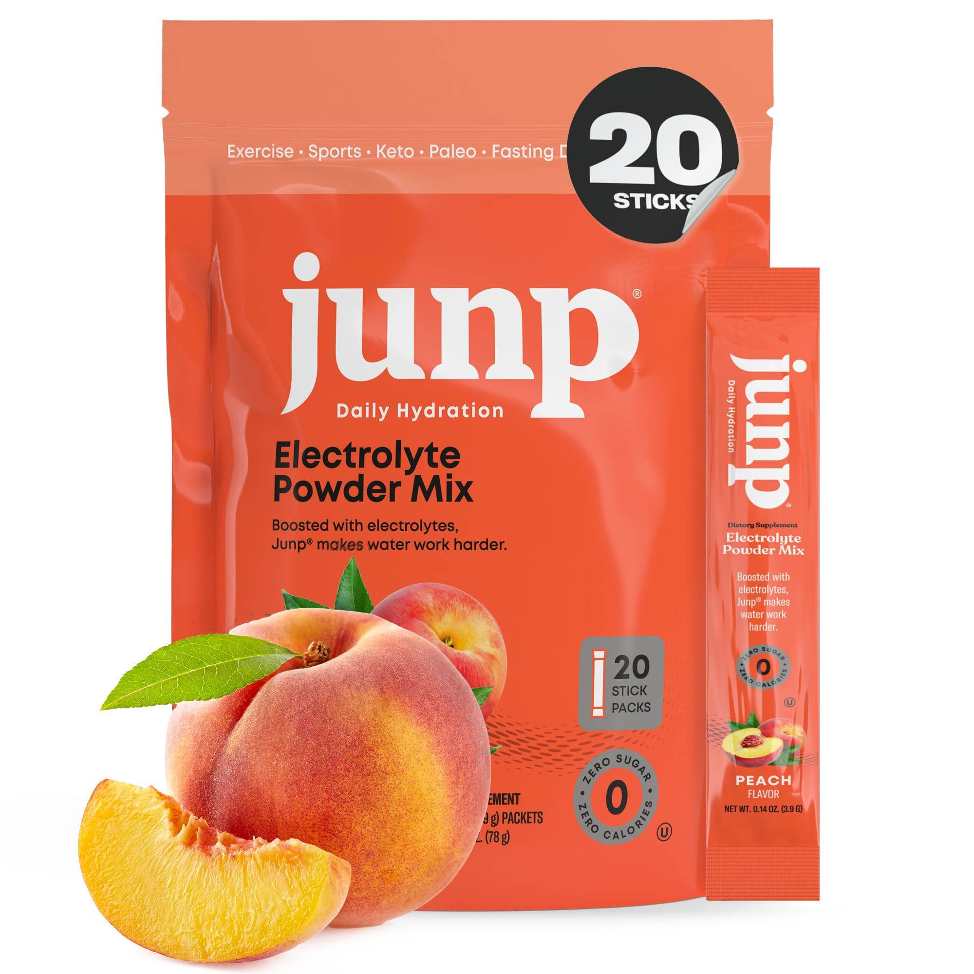 JUNP empaque frontal sabor durazno, presentación clara y práctica