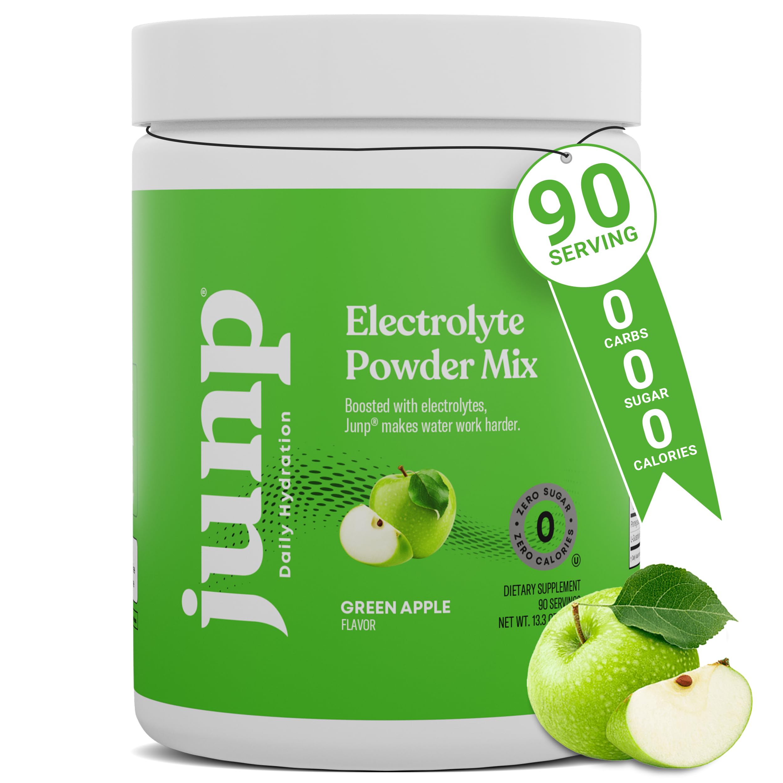 JUNP frente del empaque manzana verde mostrando 90 porciones y beneficios