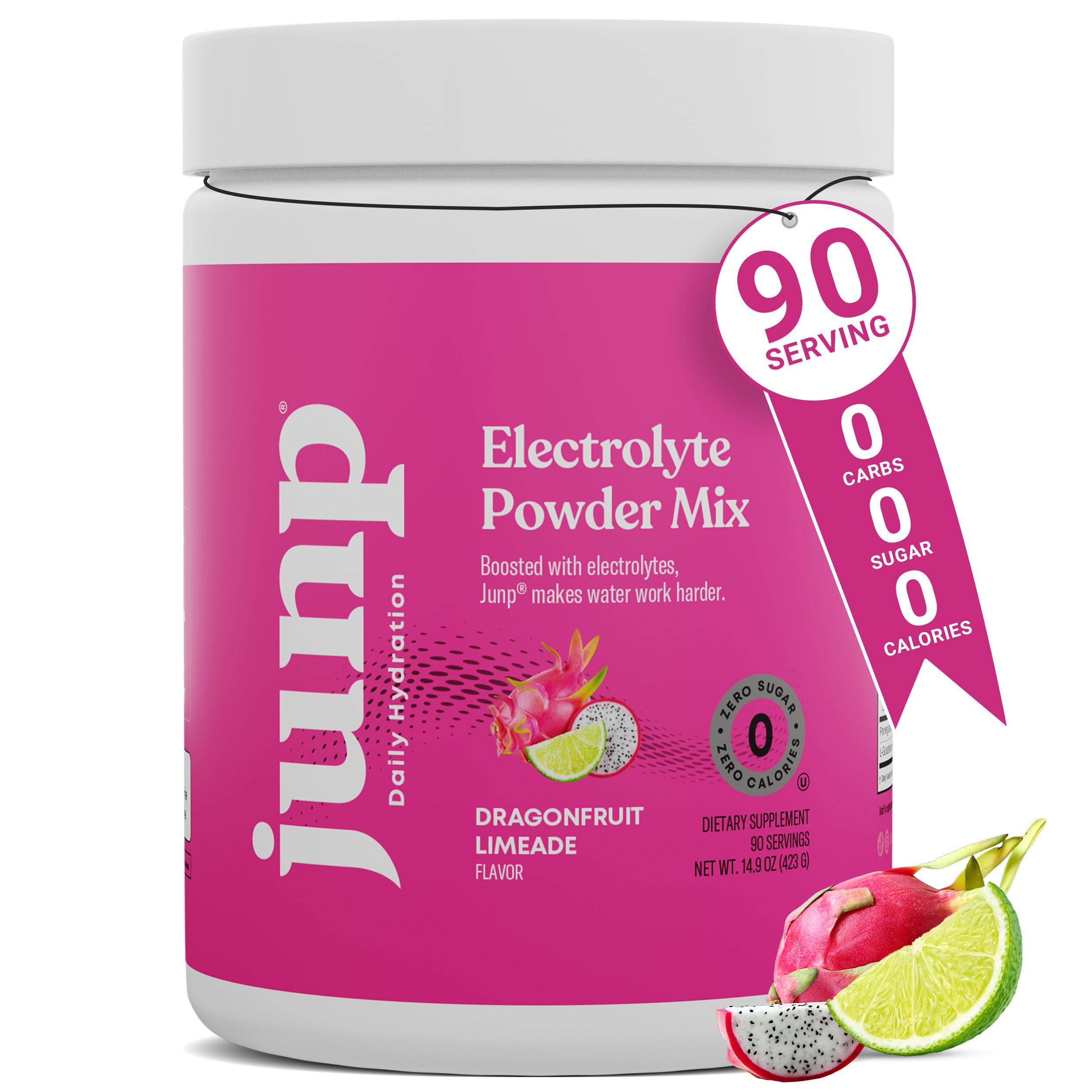 JUNP envase frontal Dragonfruit Limeade mostrando 90 servicios y diseño tropical