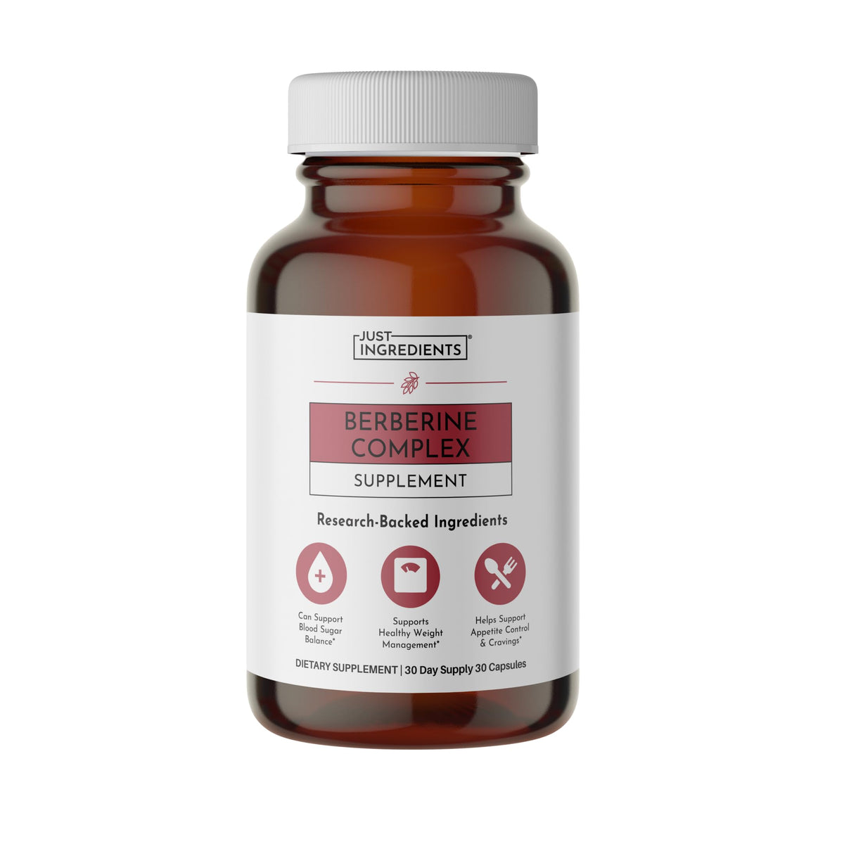 JUST INGREDIENTS frasco frontal mostrando 30 cápsulas y beneficios claros