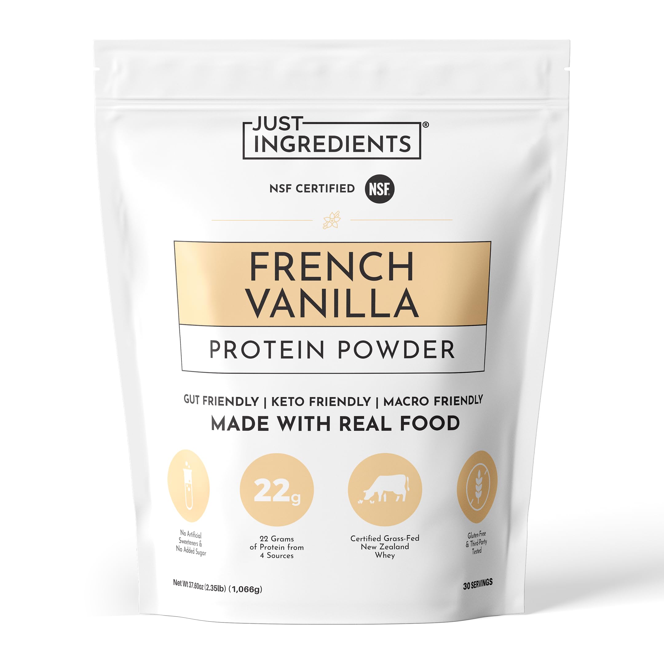 JUST INGREDIENTS bolsa frontal mostrando etiqueta y beneficio de proteína limpia