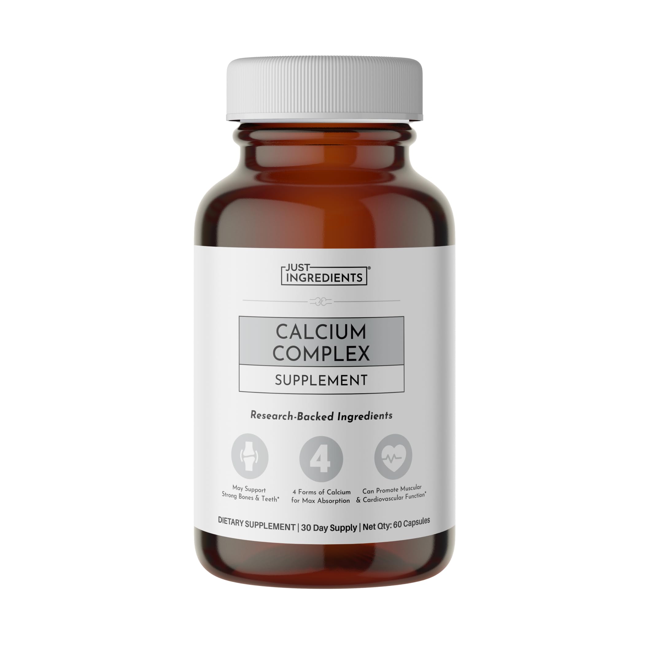 JUST INGREDIENTS envase frontal del Calcium Complex mostrando etiqueta y beneficios