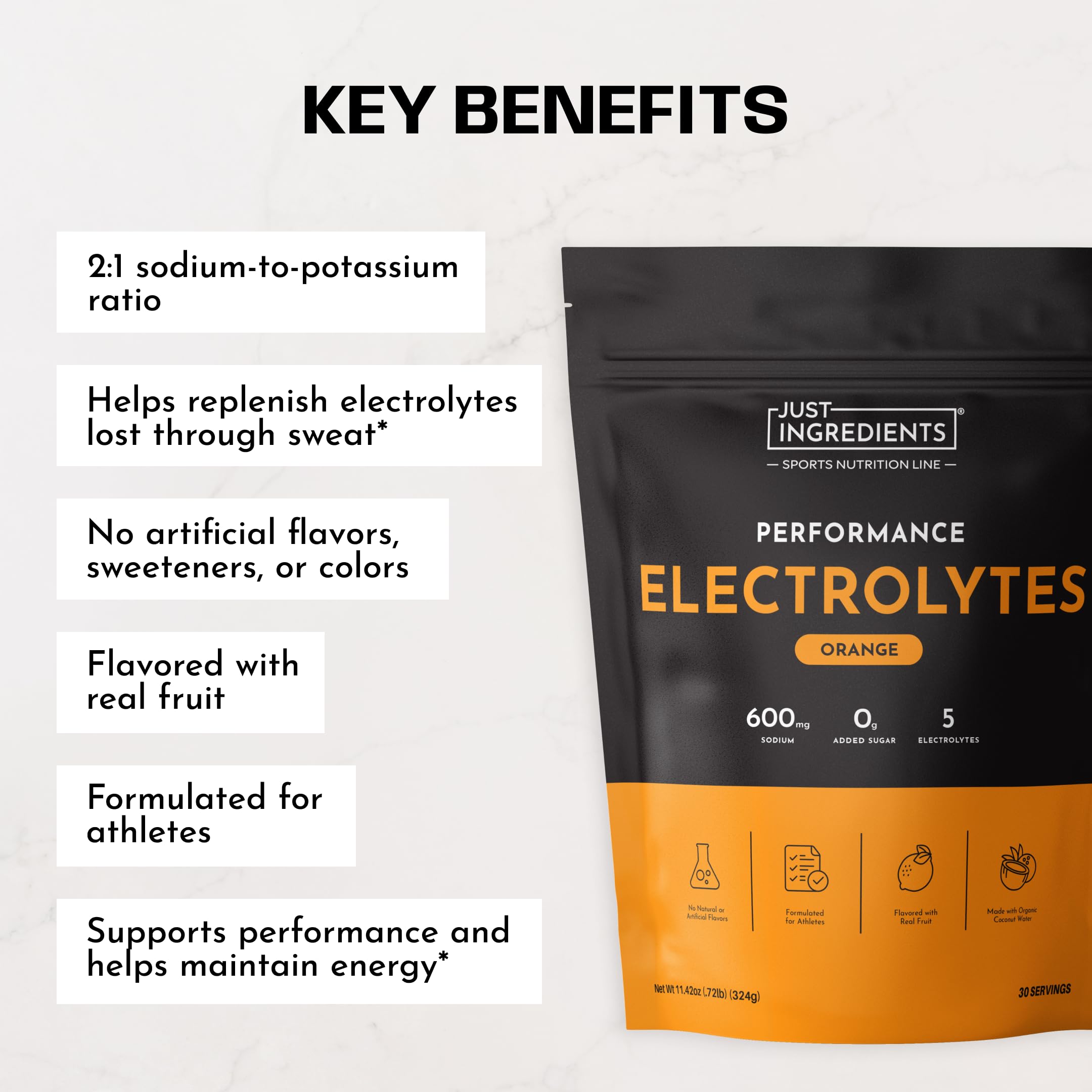 JUST INGREDIENTS etiqueta con lista de electrolitos y certificaciones para confianza