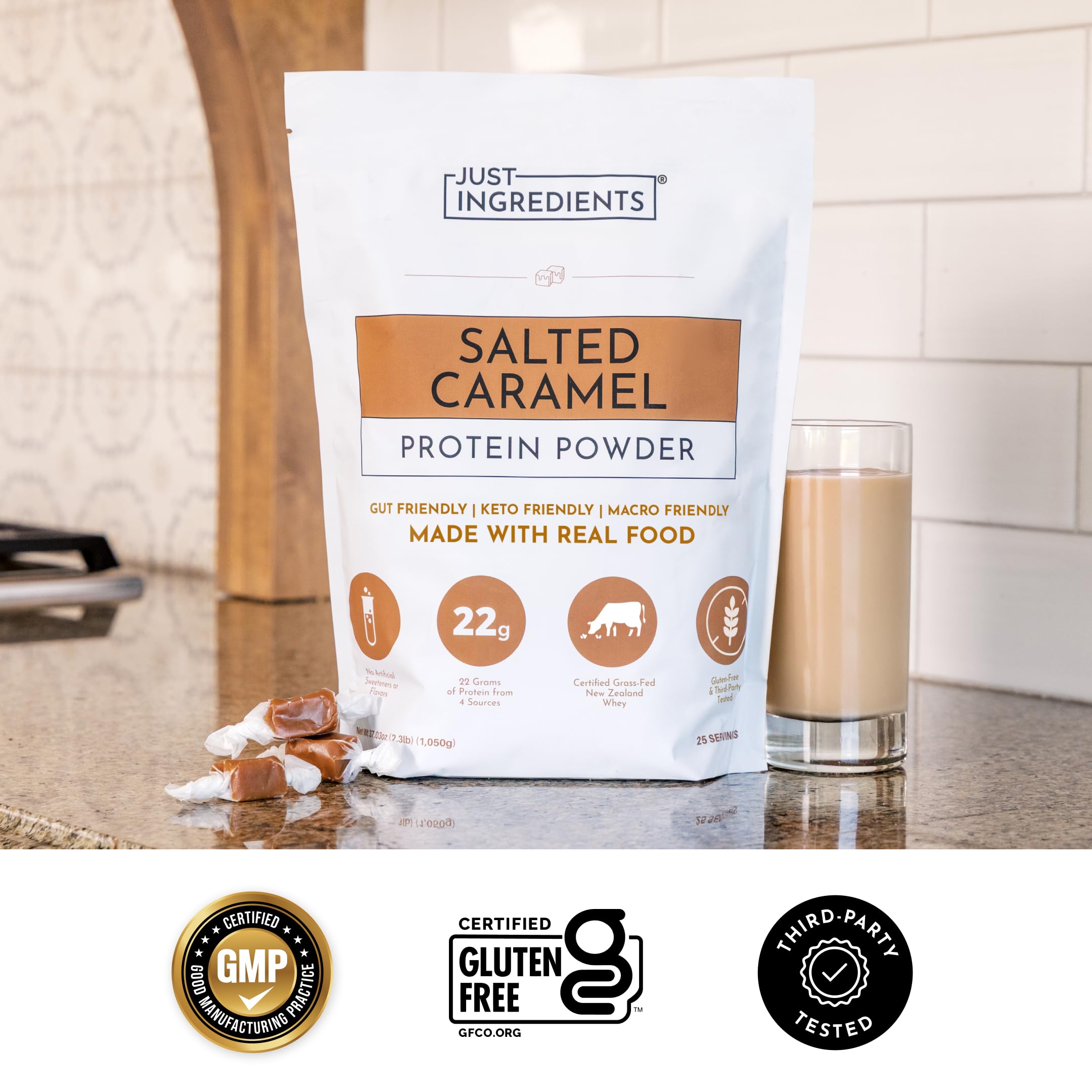 JUST INGREDIENTS batido servido mostrando sabor salted caramel y energía