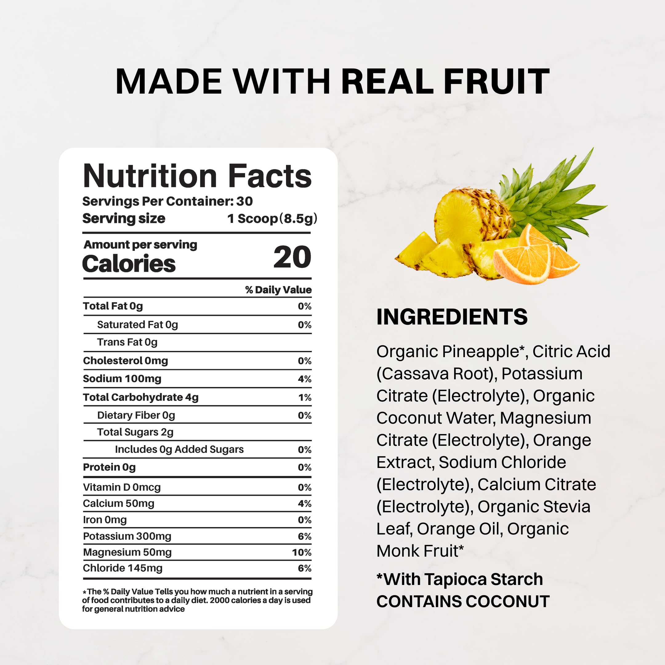 JUST INGREDIENTS bebida preparada en vaso con hielo, sabor naranja piña que refresca y repone electrolitos