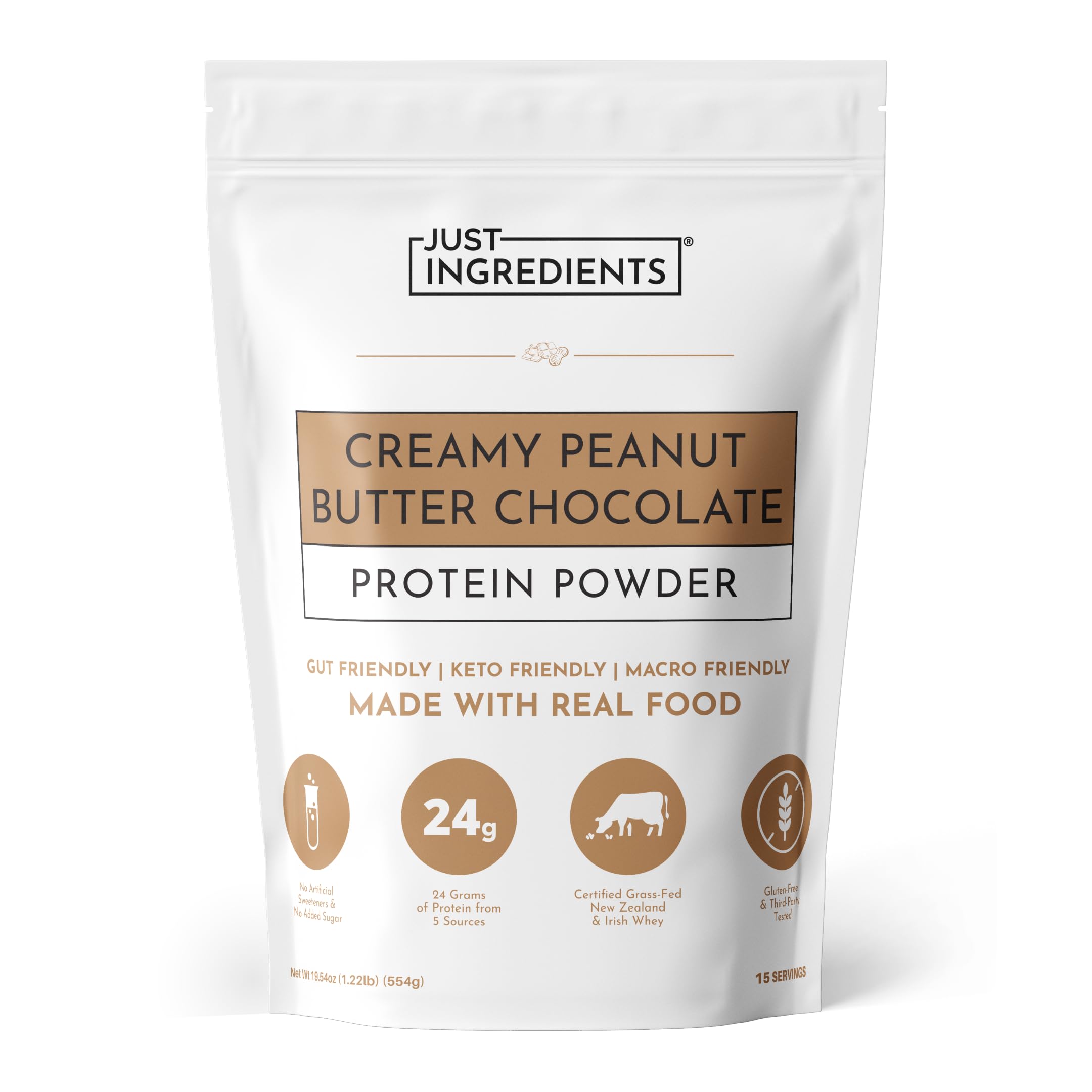 JUST INGREDIENTS envase frontal mostrando etiqueta y sabor crema de cacahuete y chocolate