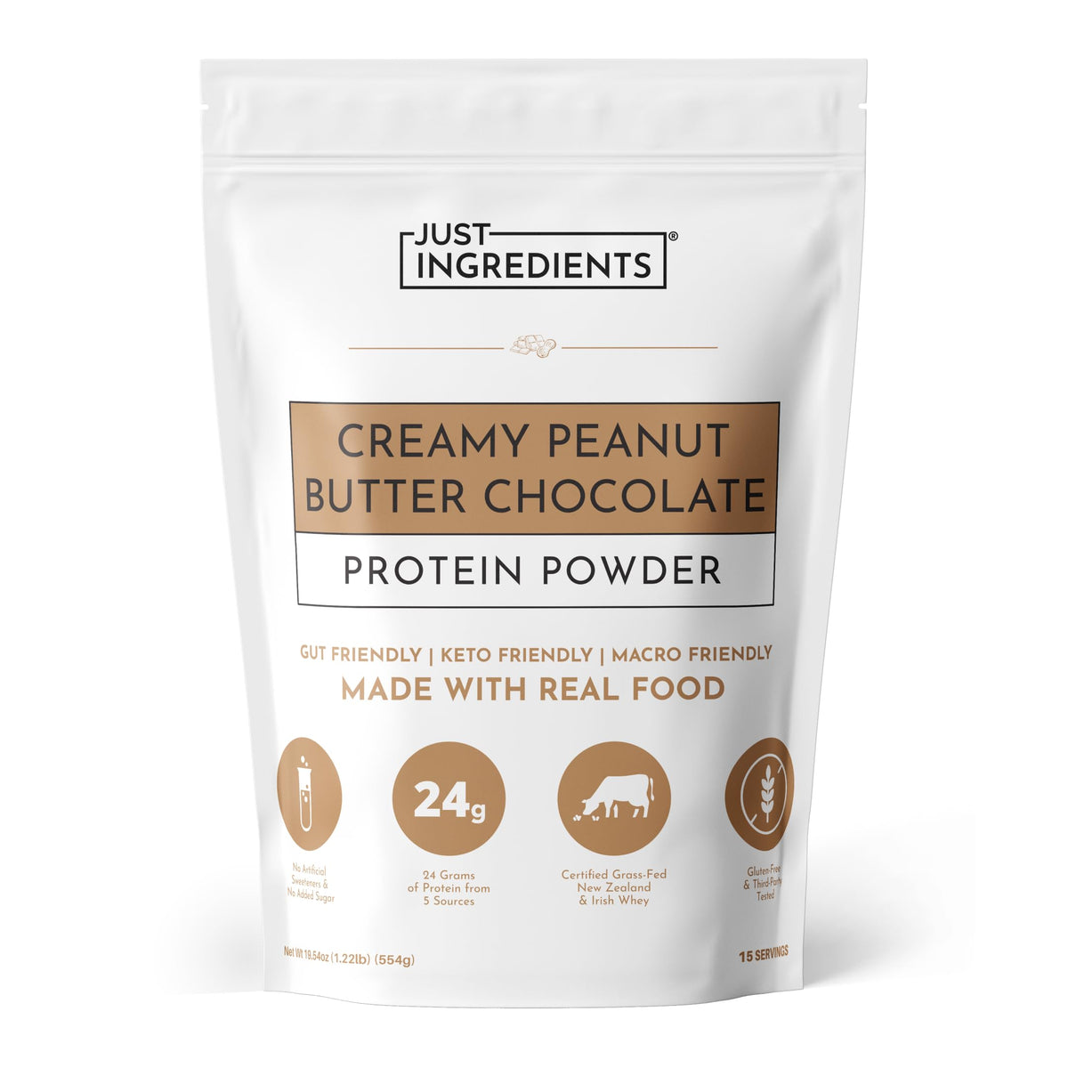 JUST INGREDIENTS envase frontal mostrando etiqueta y sabor crema de cacahuete y chocolate