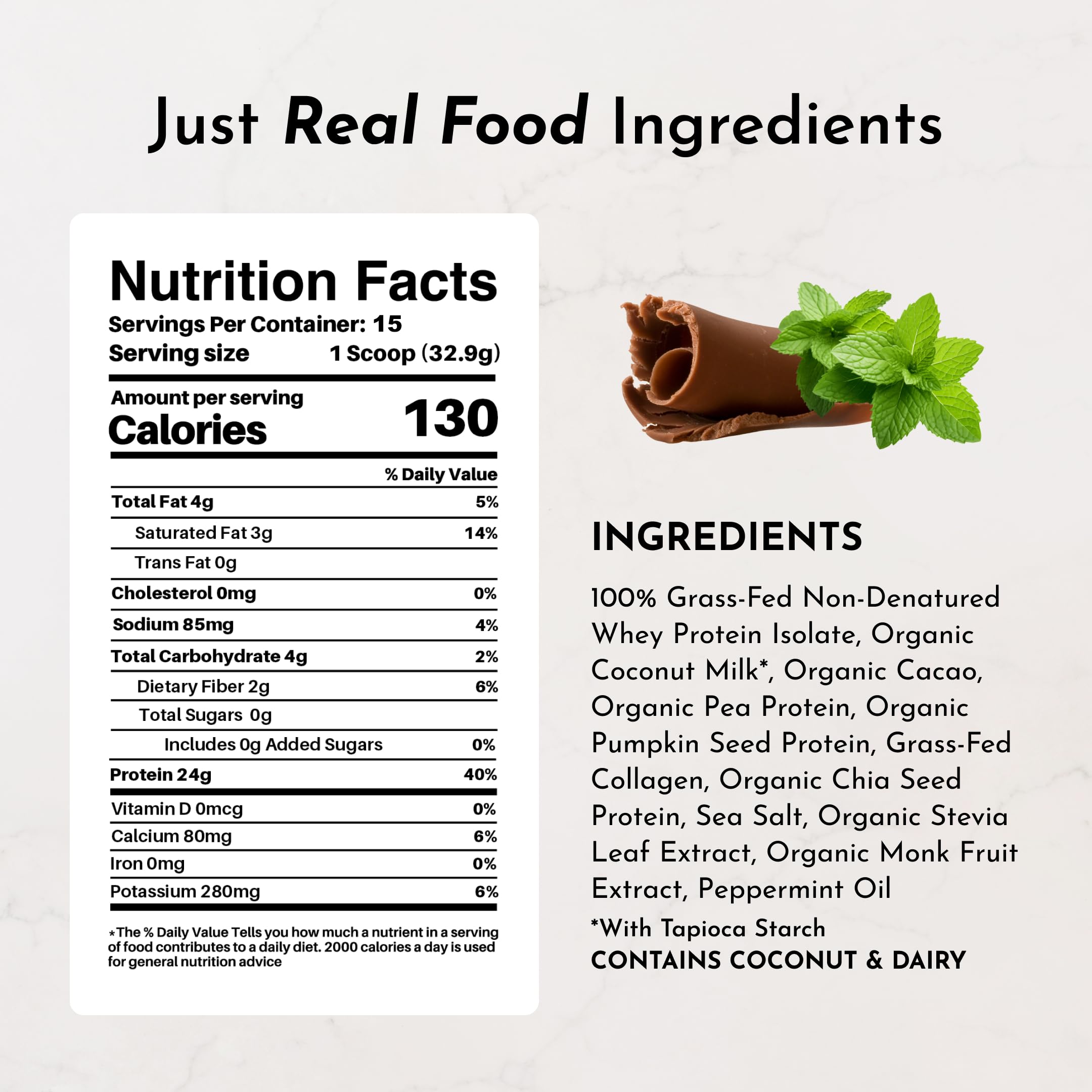 JUST INGREDIENTS etiqueta con lista de ingredientes limpios y sin azúcares añadidos