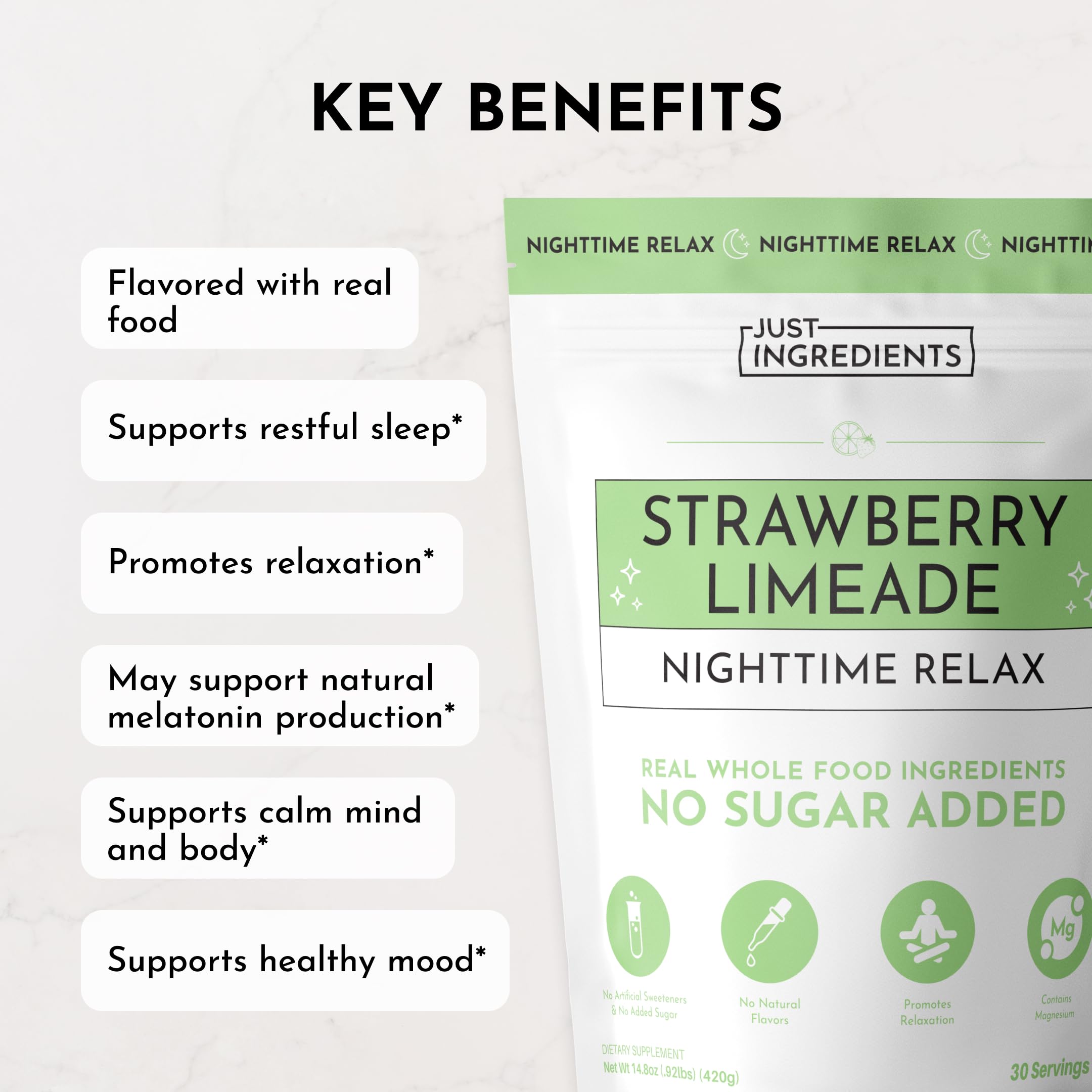 JUST INGREDIENTS etiqueta legible con lista de ingredientes clave