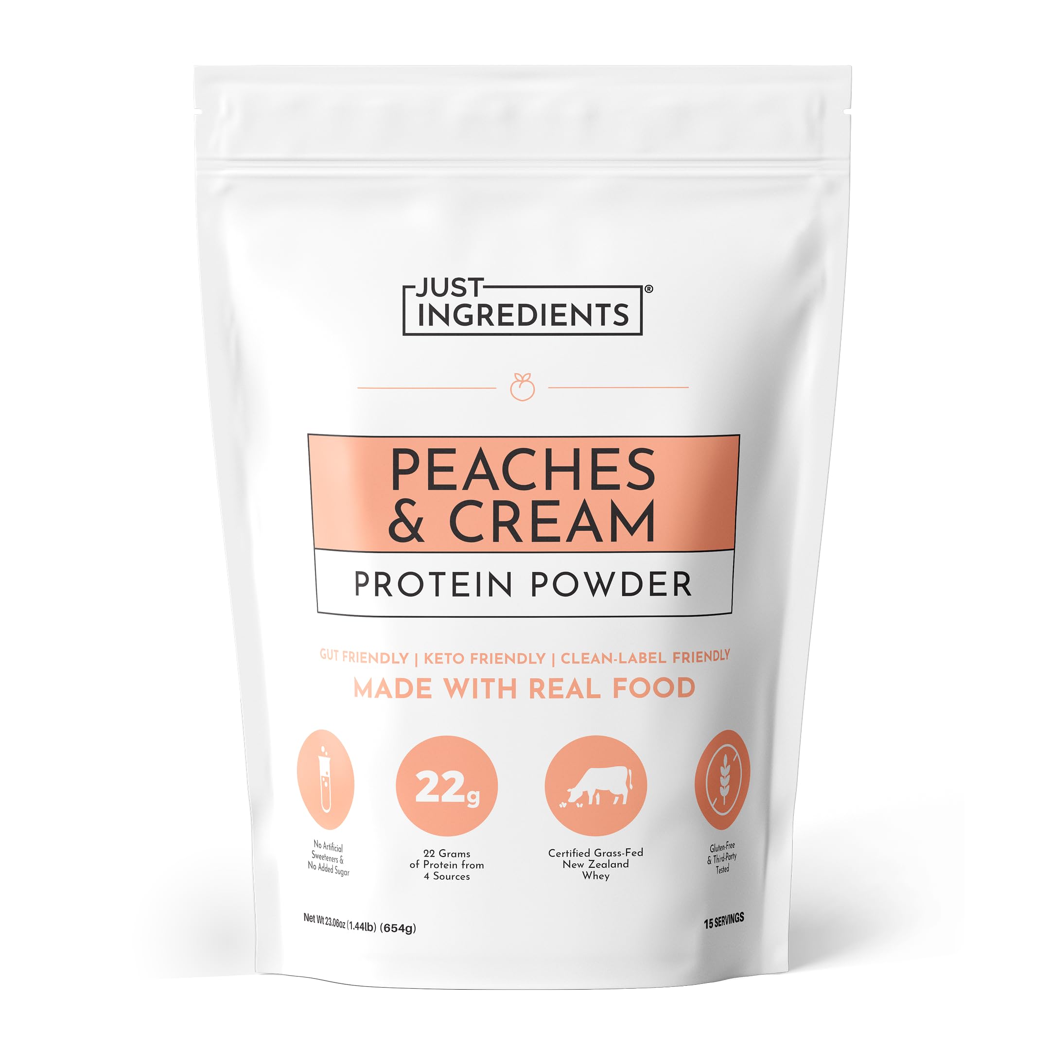 JUST INGREDIENTS empaque frontal mostrando 15 porciones y 22g proteína
