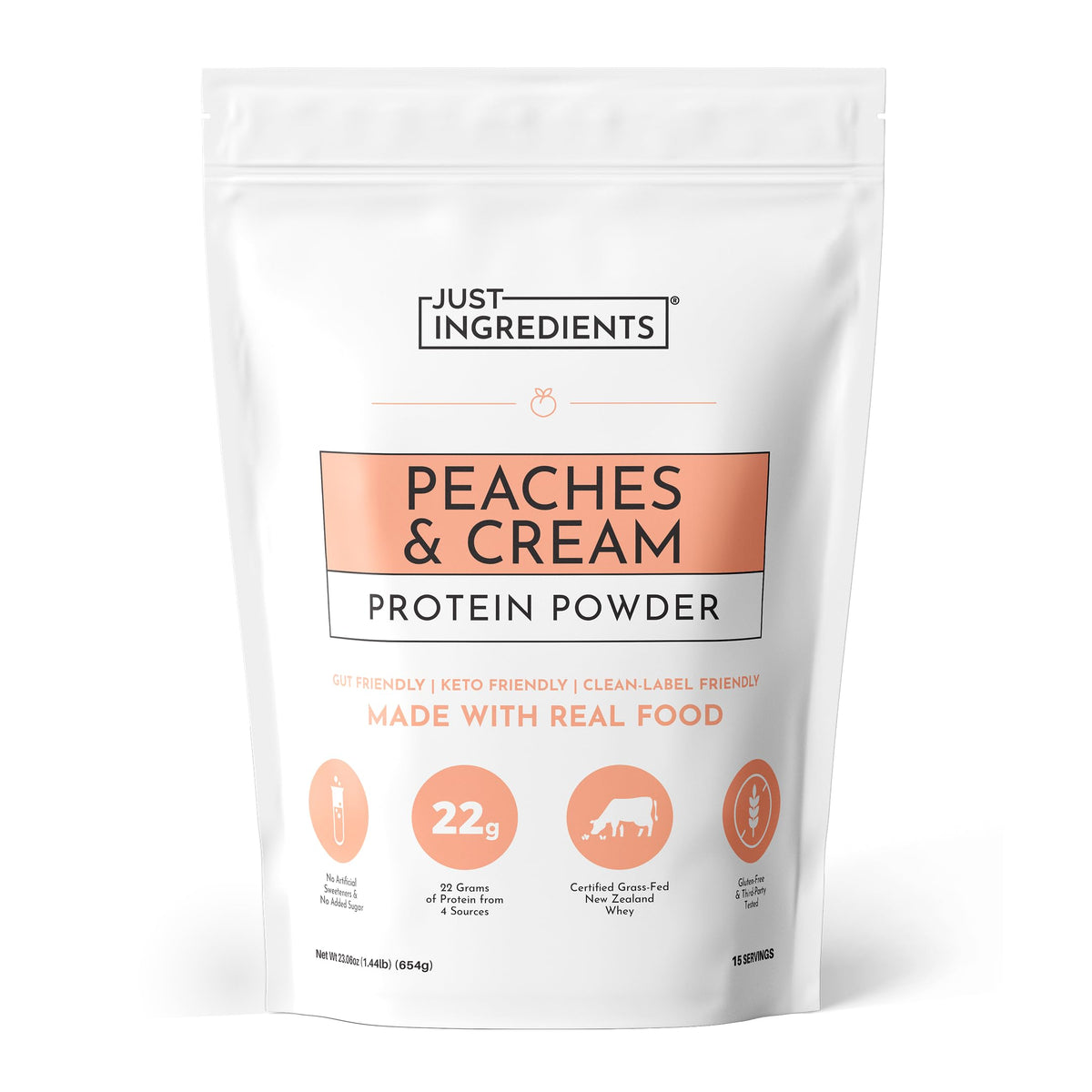 JUST INGREDIENTS empaque frontal mostrando 15 porciones y 22g proteína