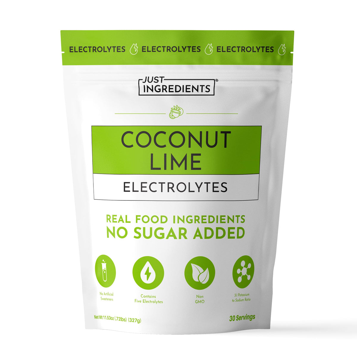 JUST INGREDIENTS envase frontal Coconut Lime mostrando etiqueta y beneficios