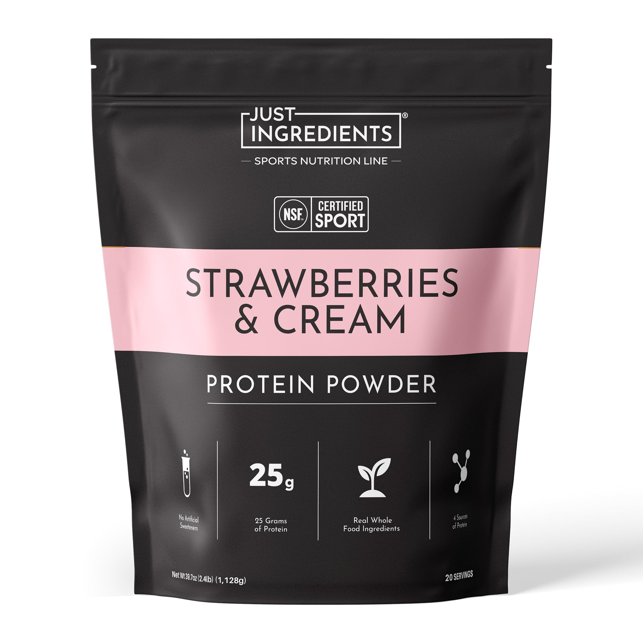 JUST INGREDIENTS frente del envase mostrando etiqueta NSF y beneficios