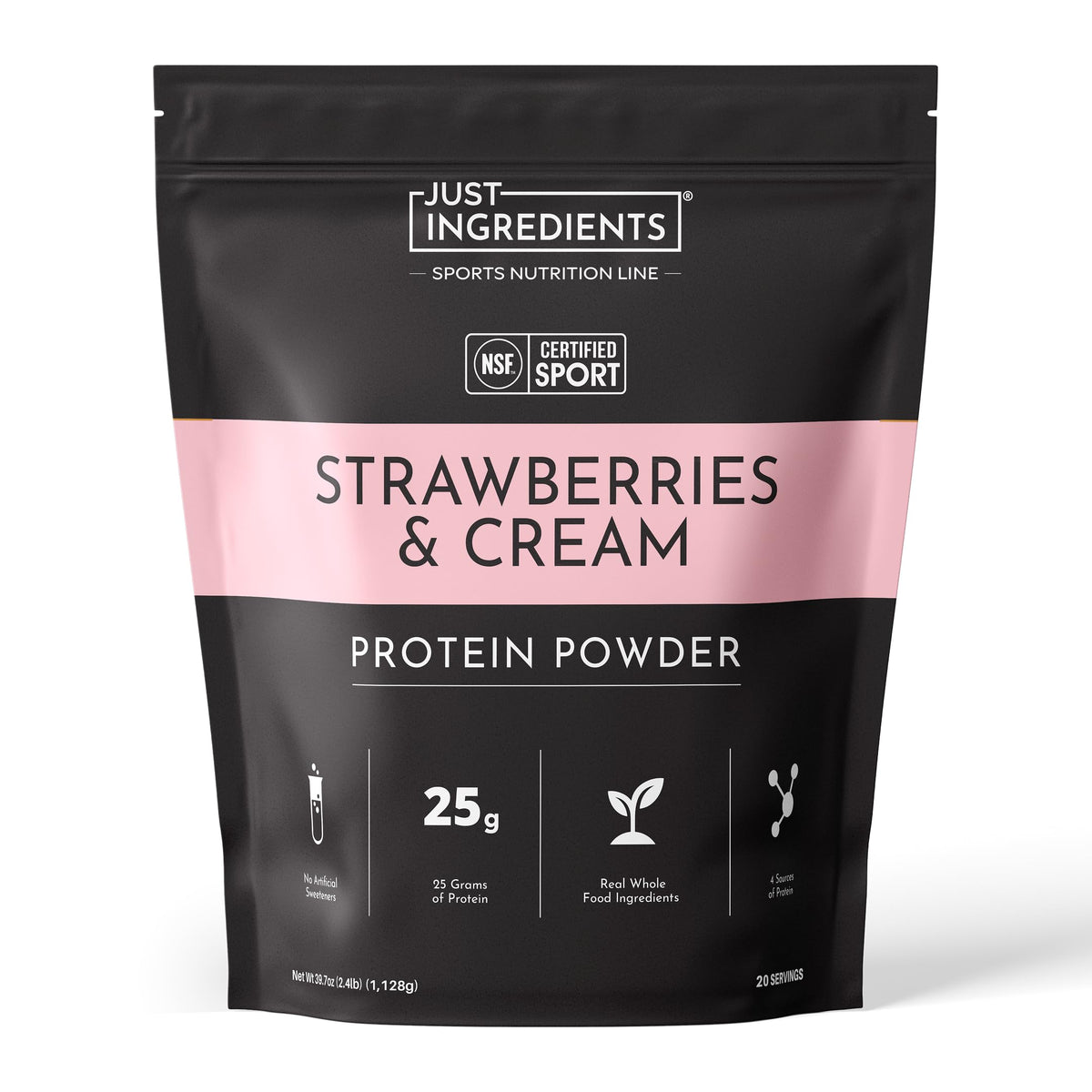 JUST INGREDIENTS frente del envase mostrando etiqueta NSF y beneficios