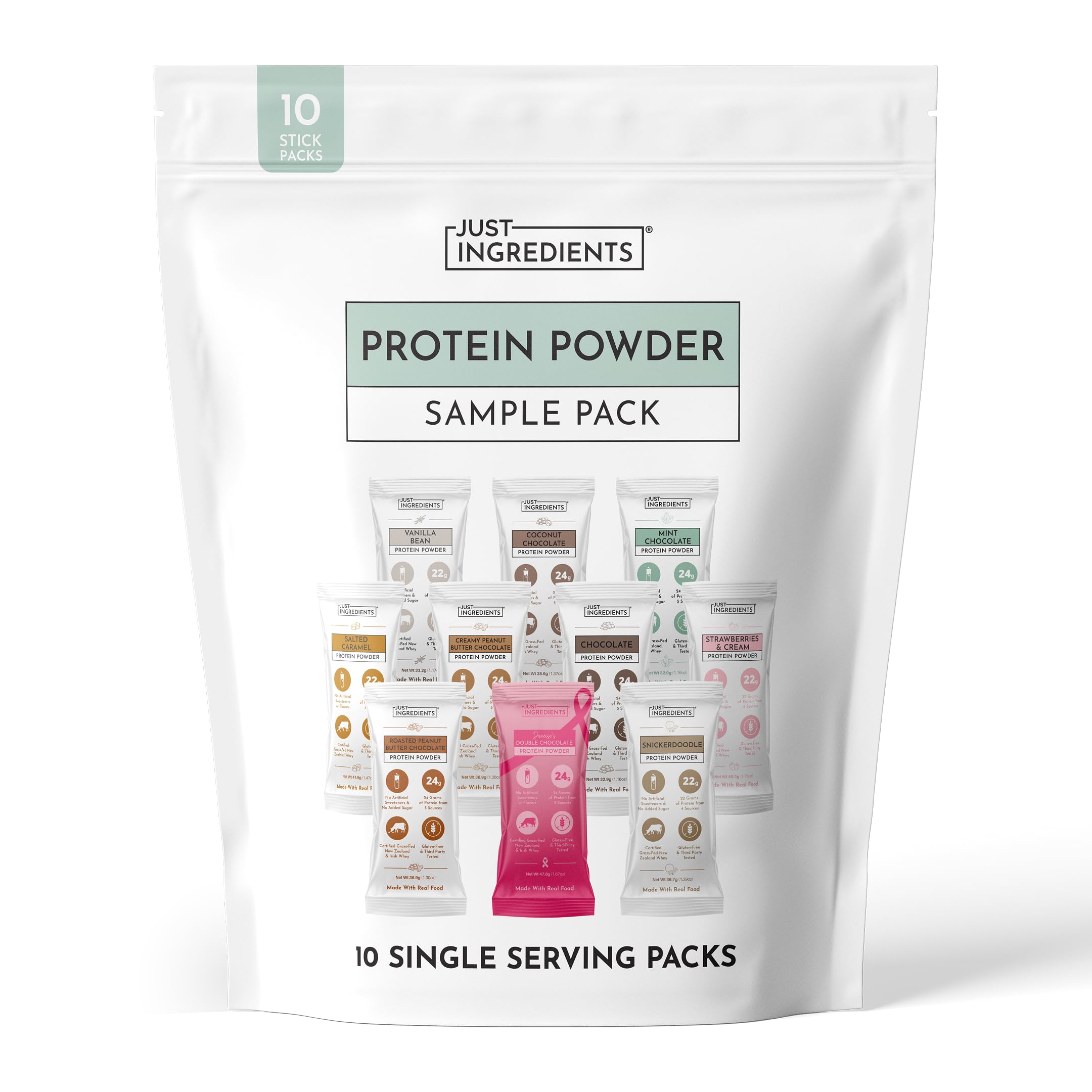 JUST INGREDIENTS frente del pack mostrando 10 sobres y beneficio de portabilidad