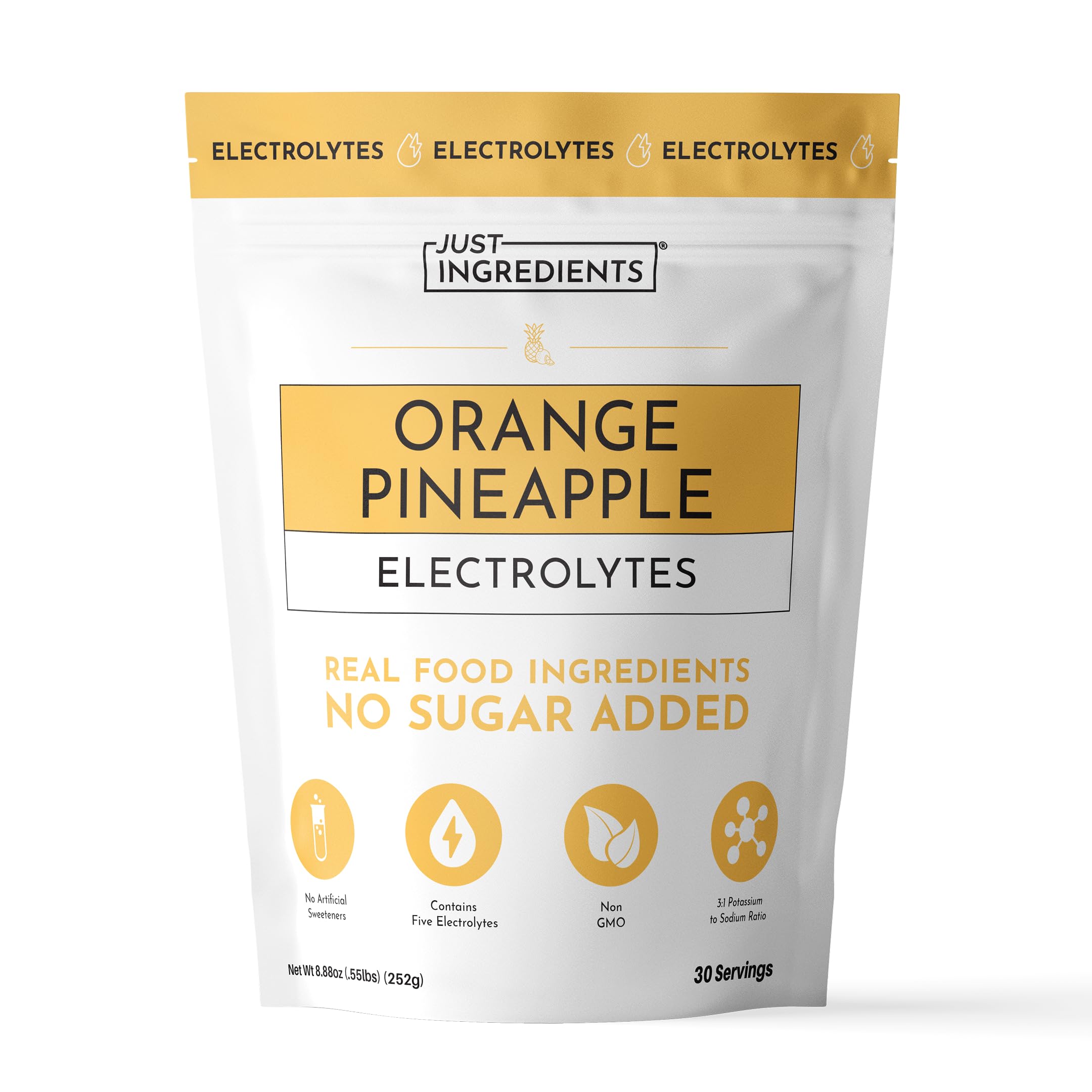 JUST INGREDIENTS envase frontal del polvo Naranja Piña mostrando ingredientes claves y beneficio hidratación