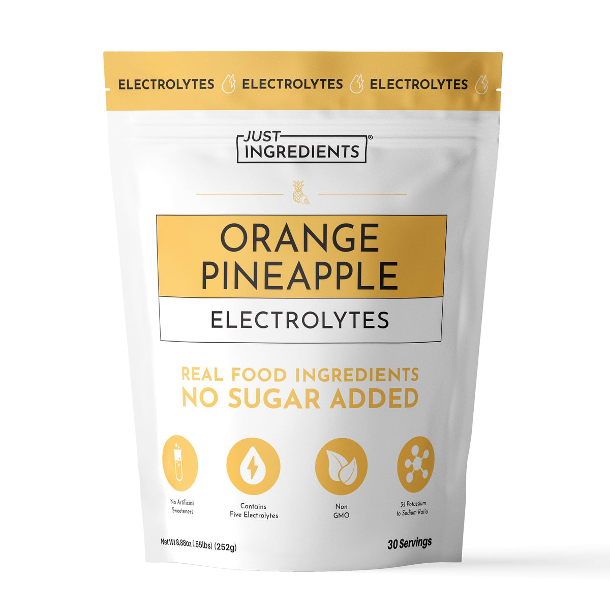 JUST INGREDIENTS envase frontal del polvo Naranja Piña mostrando ingredientes claves y beneficio hidratación