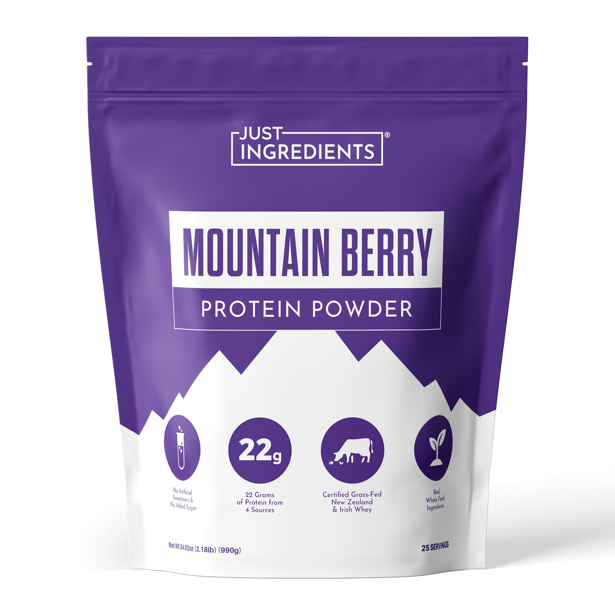 JUST INGREDIENTS frontal del envase mostrando sabor mixed berry y beneficios