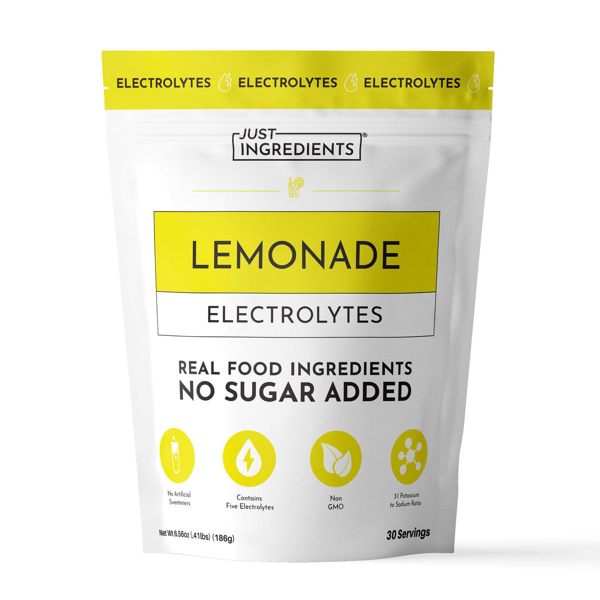 JUST INGREDIENTS envase frontal mostrando 30 porciones y beneficios limonada