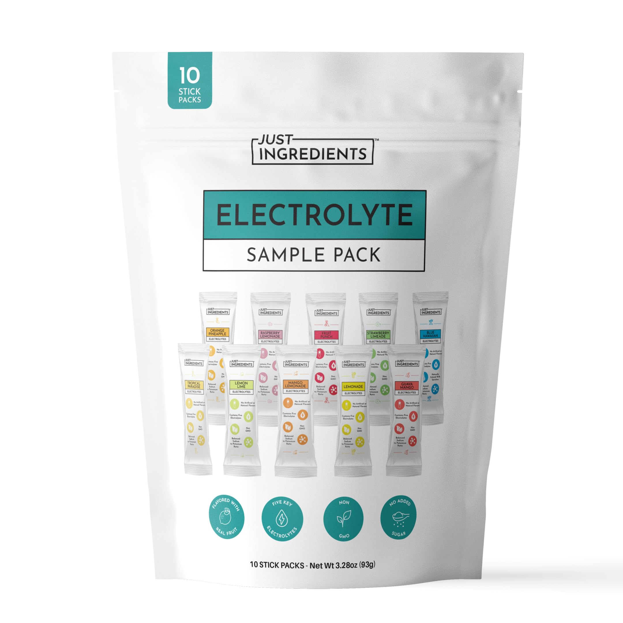 JUST INGREDIENTS envase frontal mostrando 10 sobres y beneficios naturales