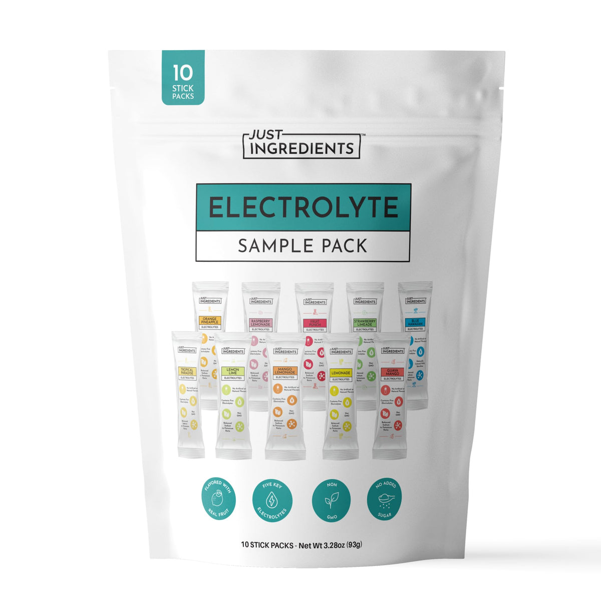 JUST INGREDIENTS envase frontal mostrando 10 sobres y beneficios naturales