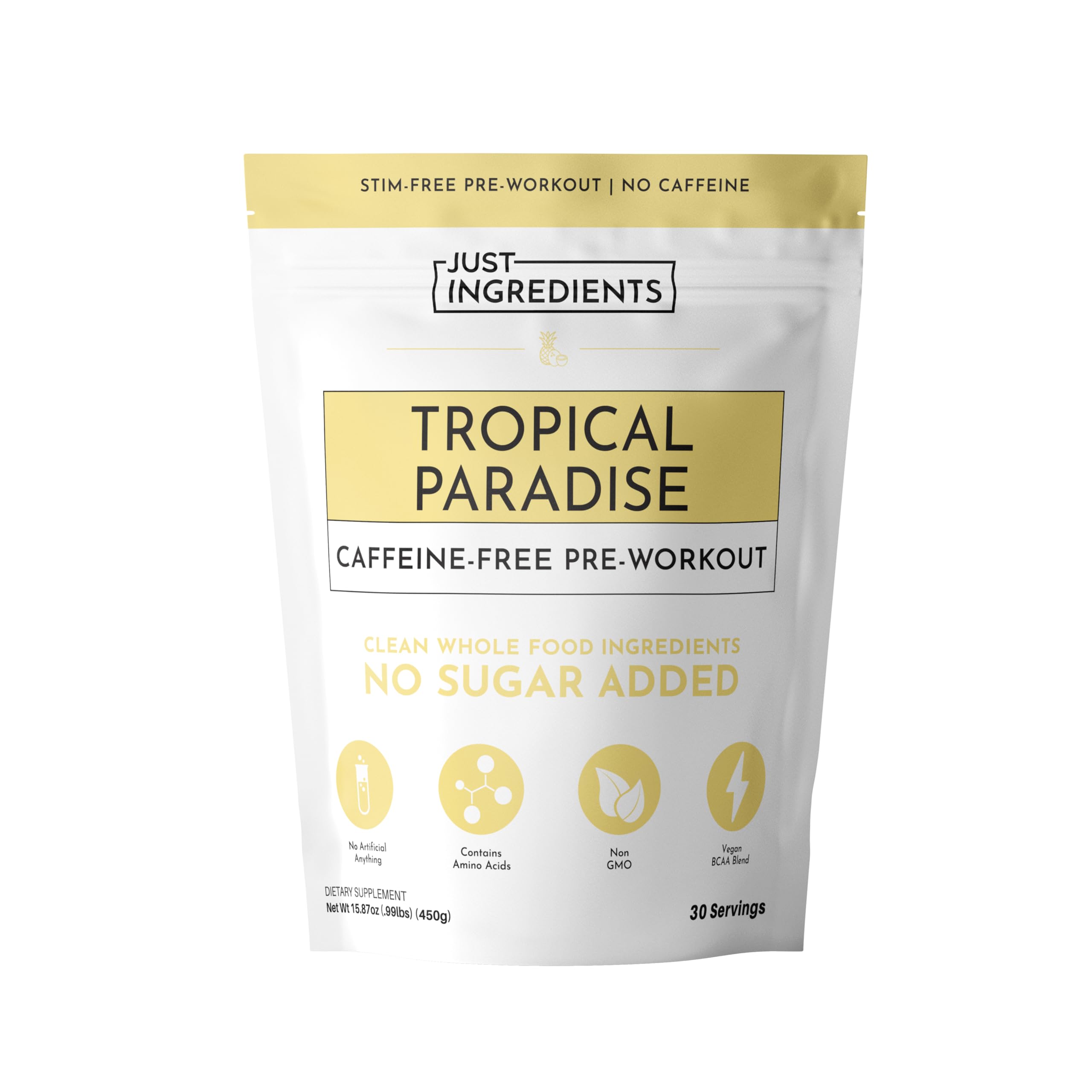JUST INGREDIENTS frasco frontal mostrando diseño y sabor tropical, transmite confianza